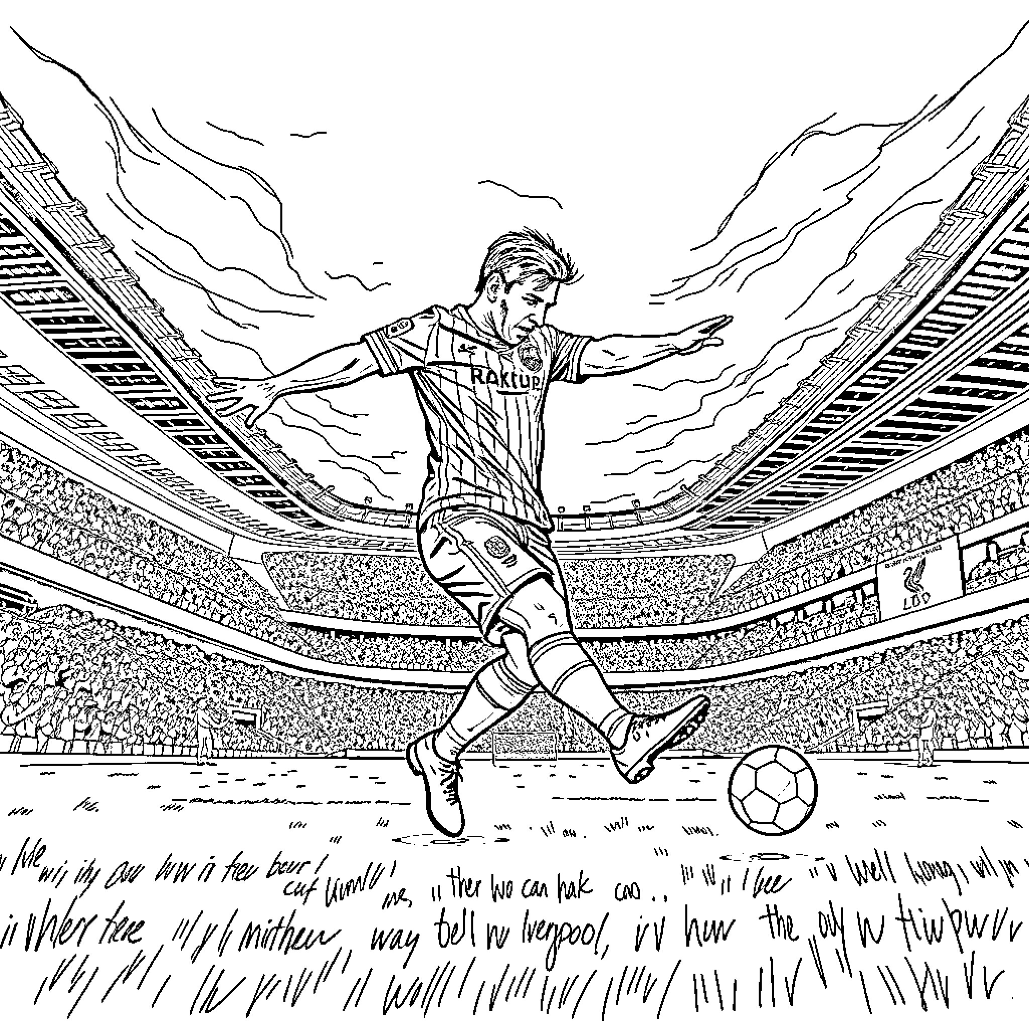 Messi Dribbling in a Captivating Stadium Scene Coloring Page (free black-and-white line drawing printable PDF for all, from beginners to advanced learners, including children, teens, adults, and seniors)