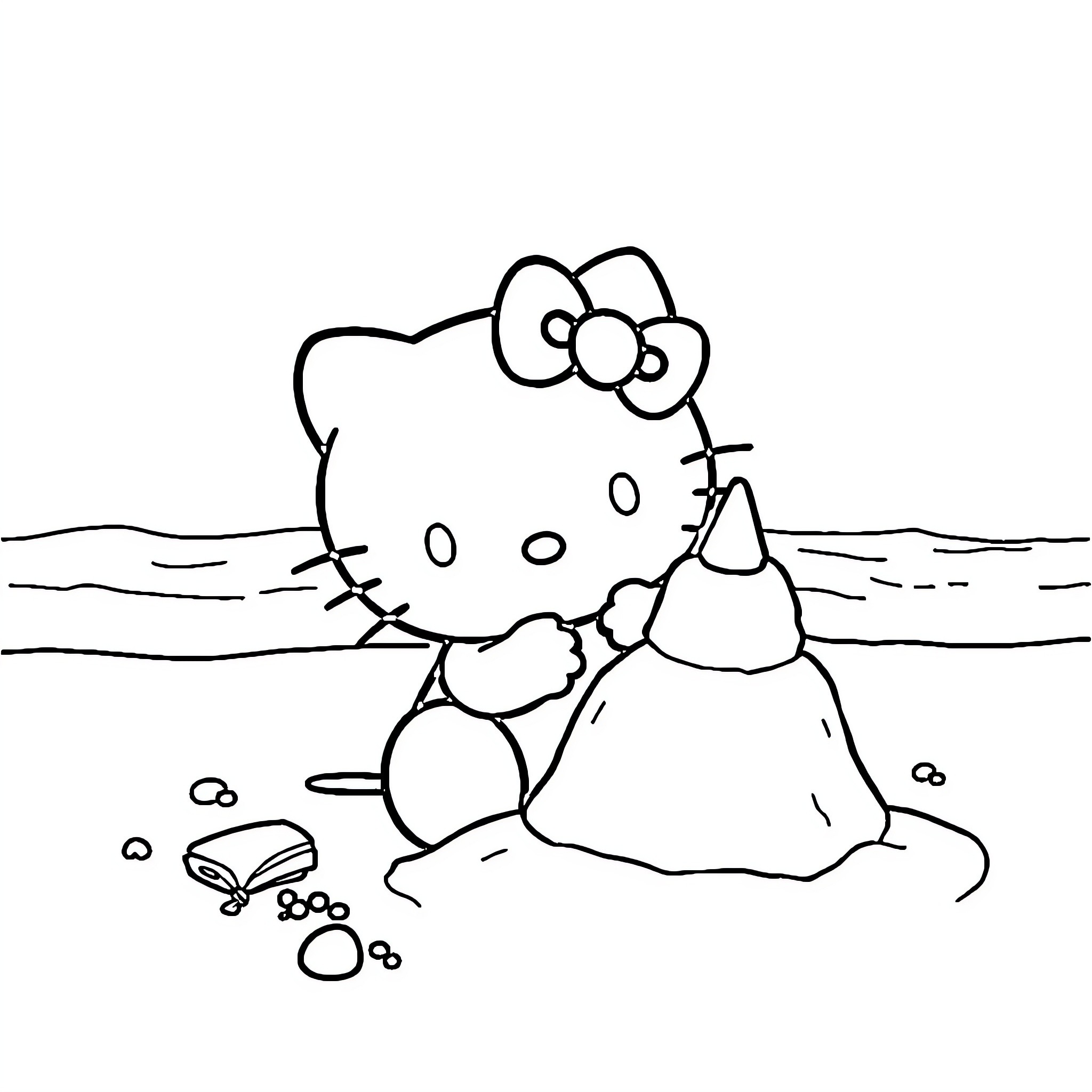 Hello Kitty building a sandcastle on the beach Coloring Page (free black-and-white line drawing printable PDF for all, from beginners to advanced learners, including children, teens, adults, and seniors)