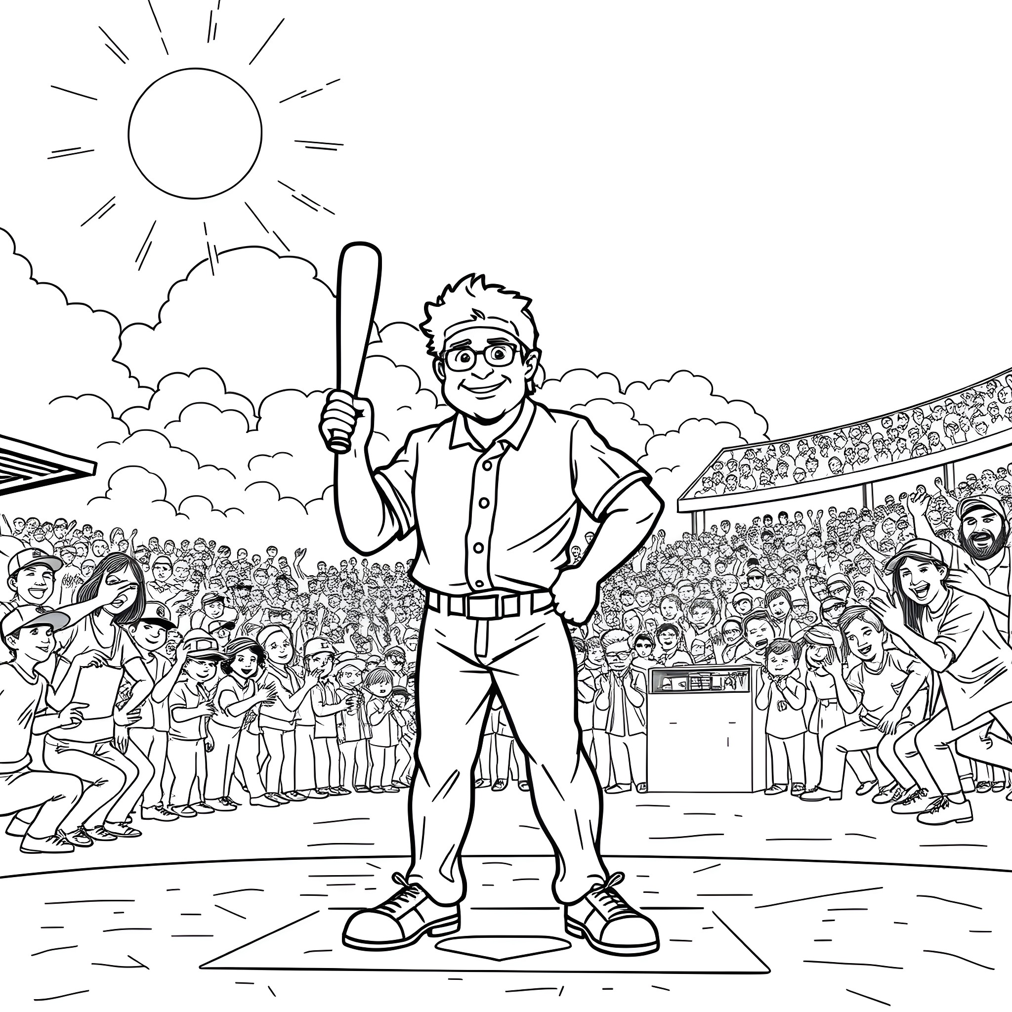 Doc Brown enjoying a day at the ballpark Coloring Page (free black-and-white line drawing printable PDF for all, from beginners to advanced learners, including children, teens, adults, and seniors)