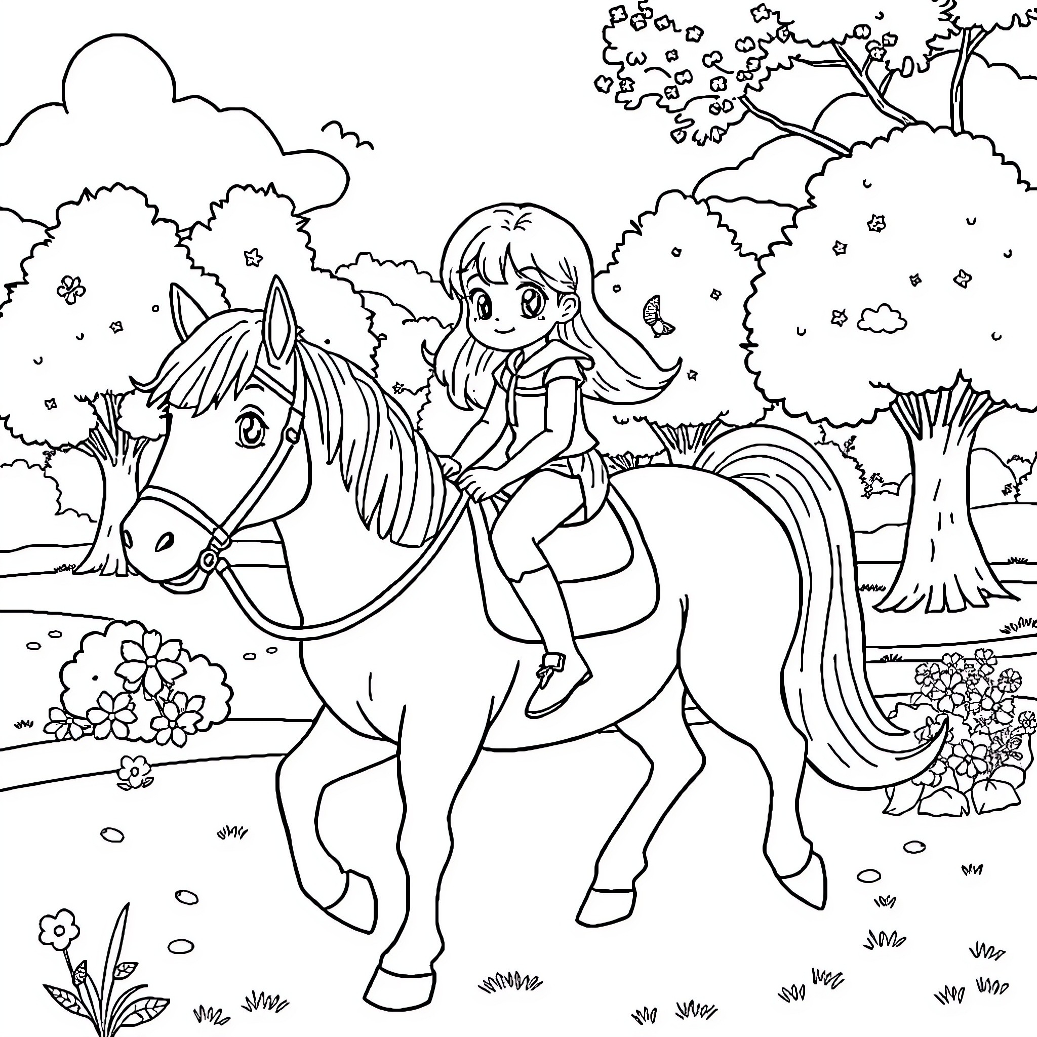 Bluey riding a horse in a flowery meadow Coloring Page (free black-and-white line drawing printable PDF for all, from beginners to advanced learners, including children, teens, adults, and seniors)