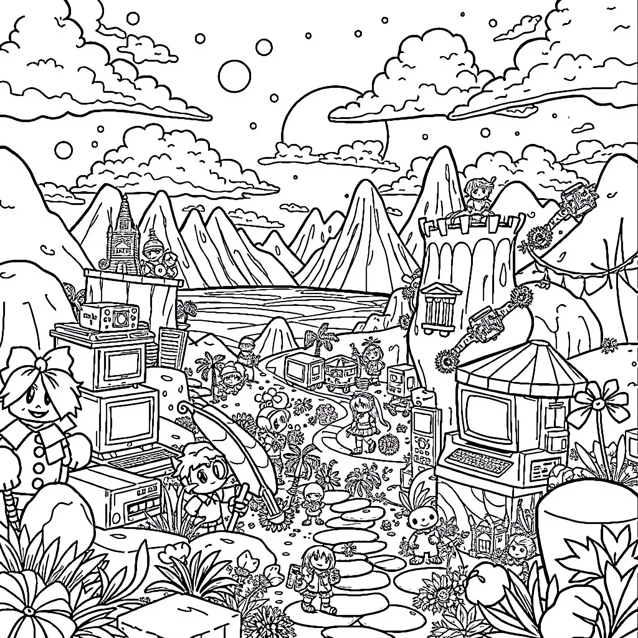 Neptunia: Fantastical World of Imagination and Adventure Coloring Page (free black-and-white line drawing printable PDF for all, from beginners to advanced learners, including children, teens, adults, and seniors)