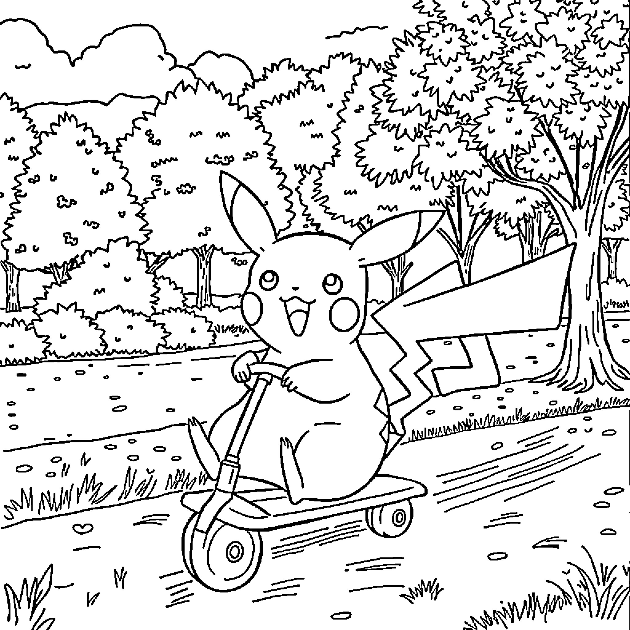 Pikachu riding a scooter through a forest path Coloring Page (free black-and-white line drawing printable PDF for all, from beginners to advanced learners, including children, teens, adults, and seniors)