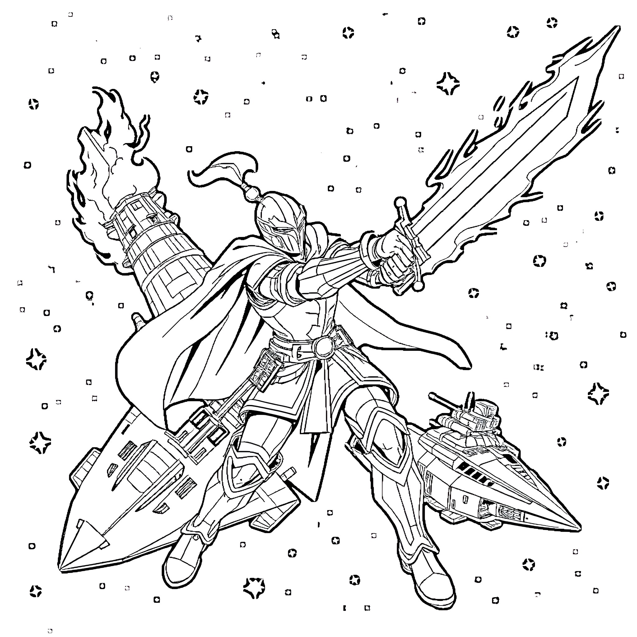 Space Knight battles cosmic forces with advanced weaponry Coloring Page (free black-and-white line drawing printable PDF for all, from beginners to advanced learners, including children, teens, adults, and seniors)