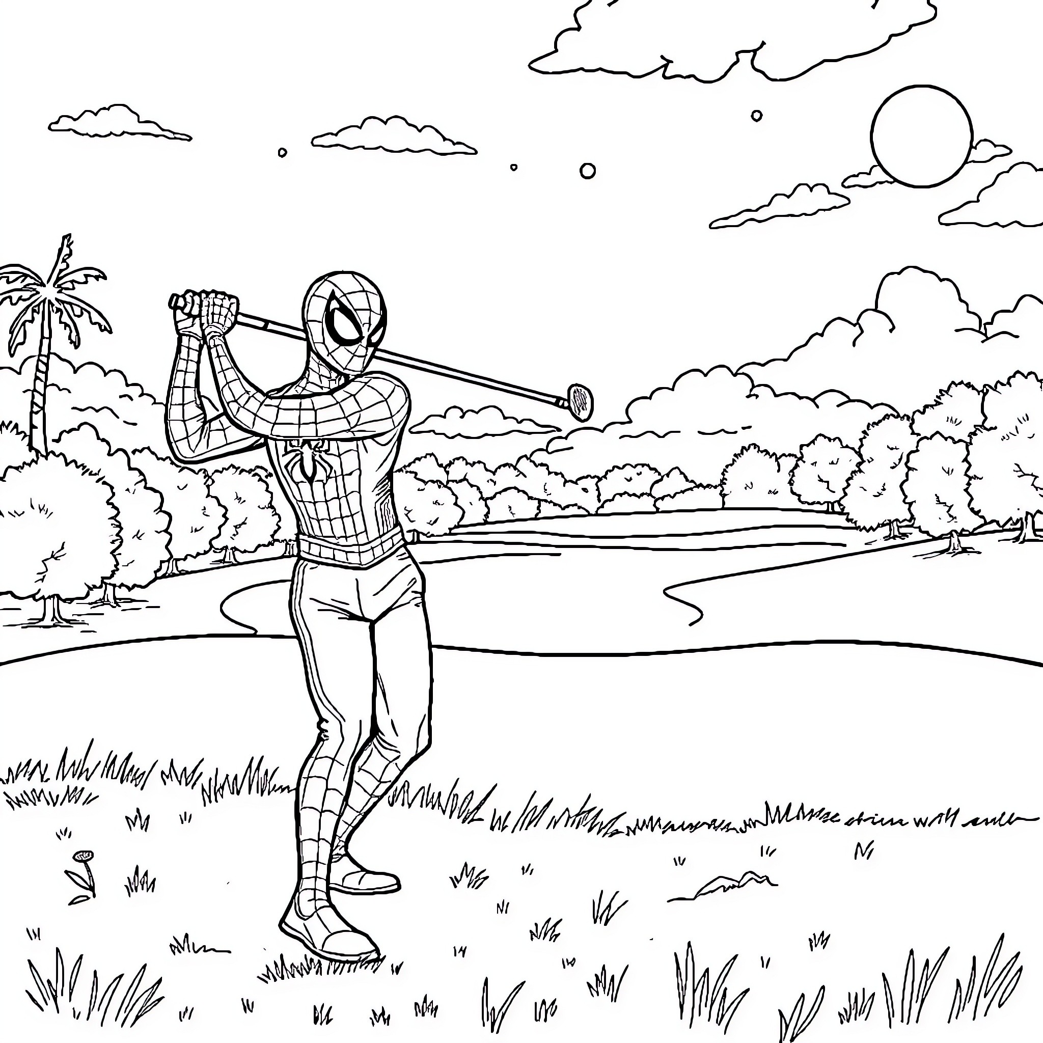 Spiderman swinging through the landscape Coloring Page (free black-and-white line drawing printable PDF for all, from beginners to advanced learners, including children, teens, adults, and seniors)
