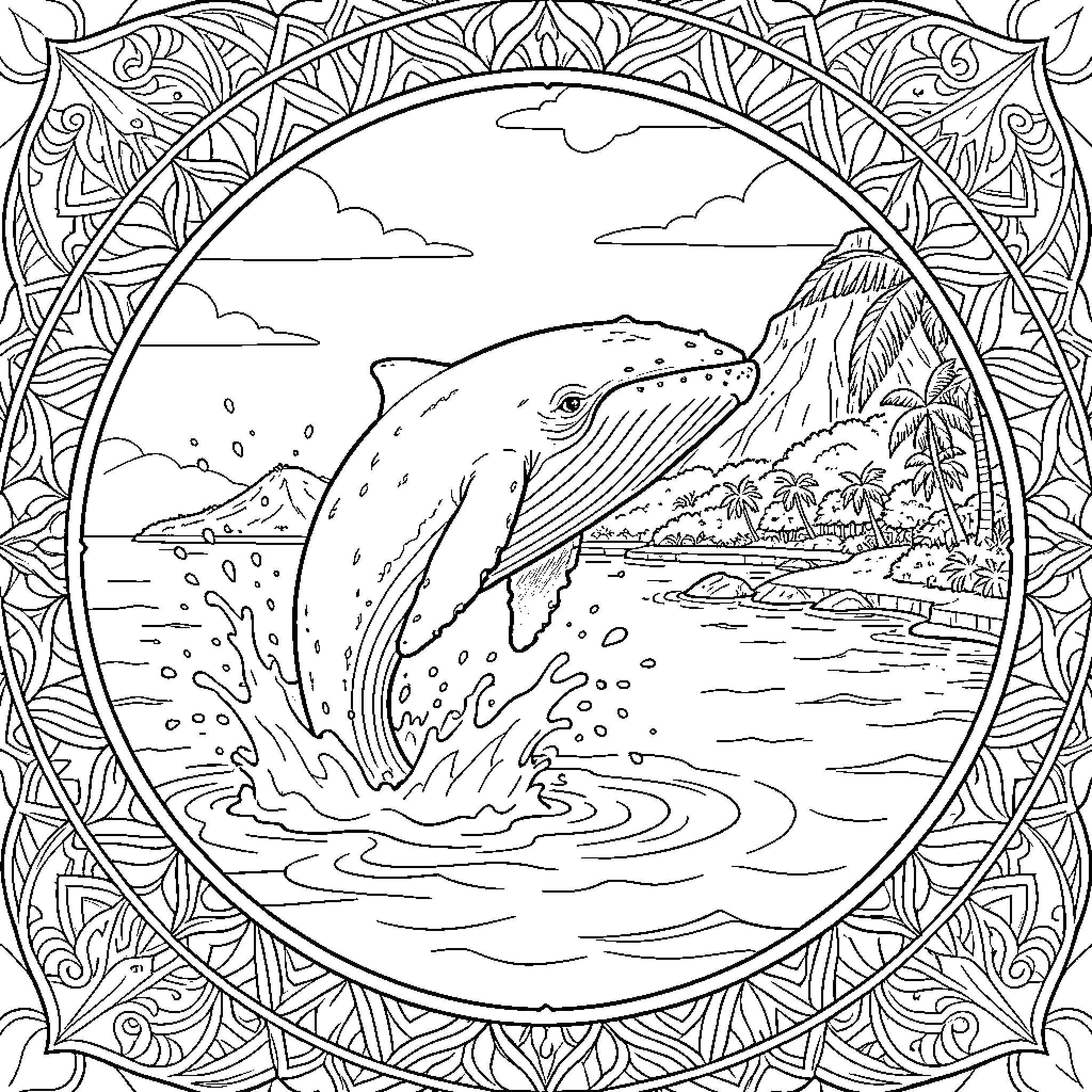 Humpback Whale Breaching in Serene Ocean Scene Coloring Page (free black-and-white line drawing printable PDF for all, from beginners to advanced learners, including children, teens, adults, and seniors)