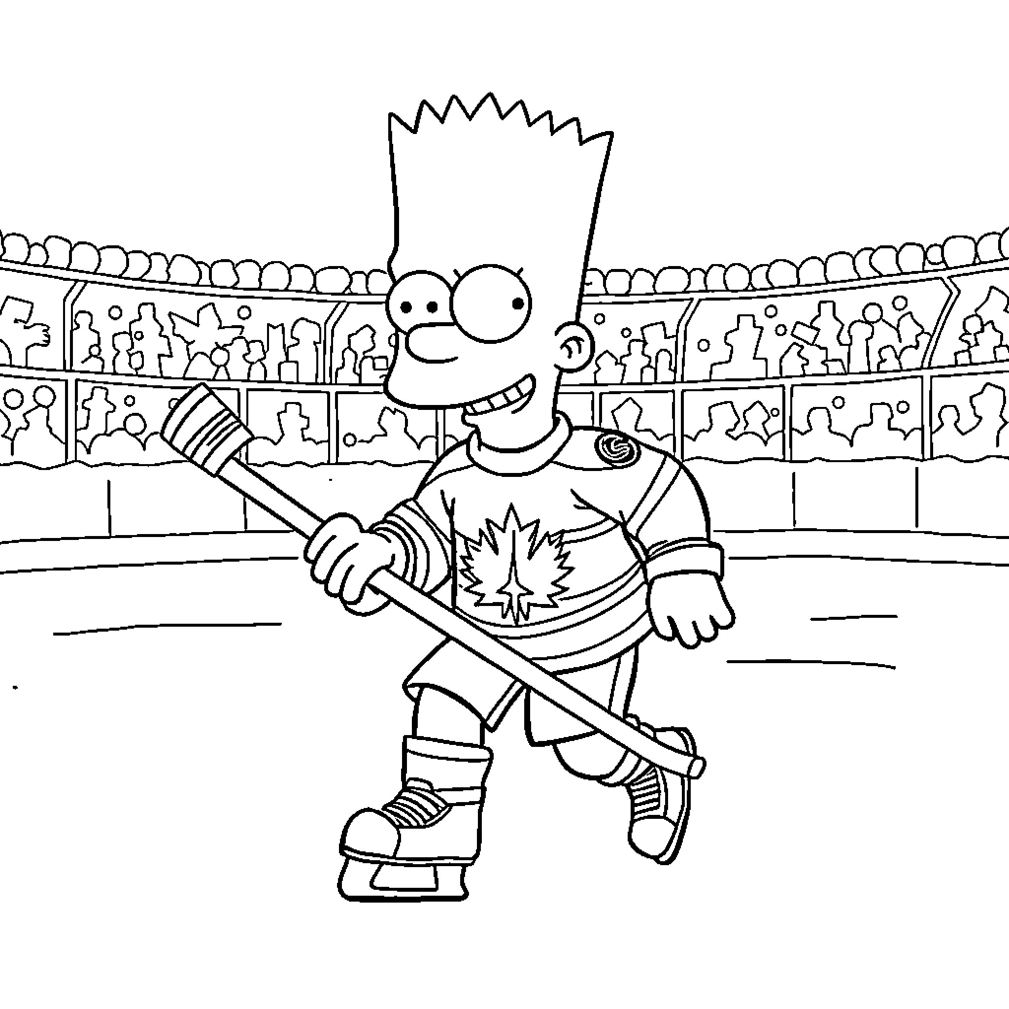 Bart Simpson playing hockey on the ice rink Coloring Page (free black-and-white line drawing printable PDF for all, from beginners to advanced learners, including children, teens, adults, and seniors)