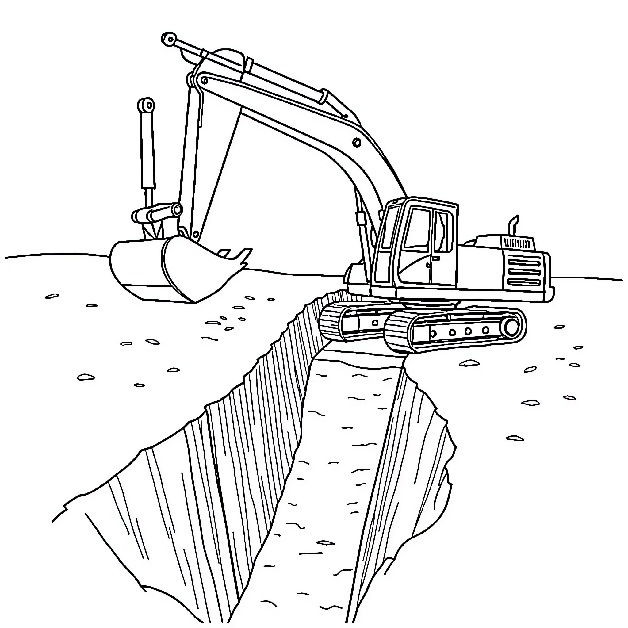 Excavator digging construction site Coloring Page (free black-and-white line drawing printable PDF for all, from beginners to advanced learners, including children, teens, adults, and seniors)