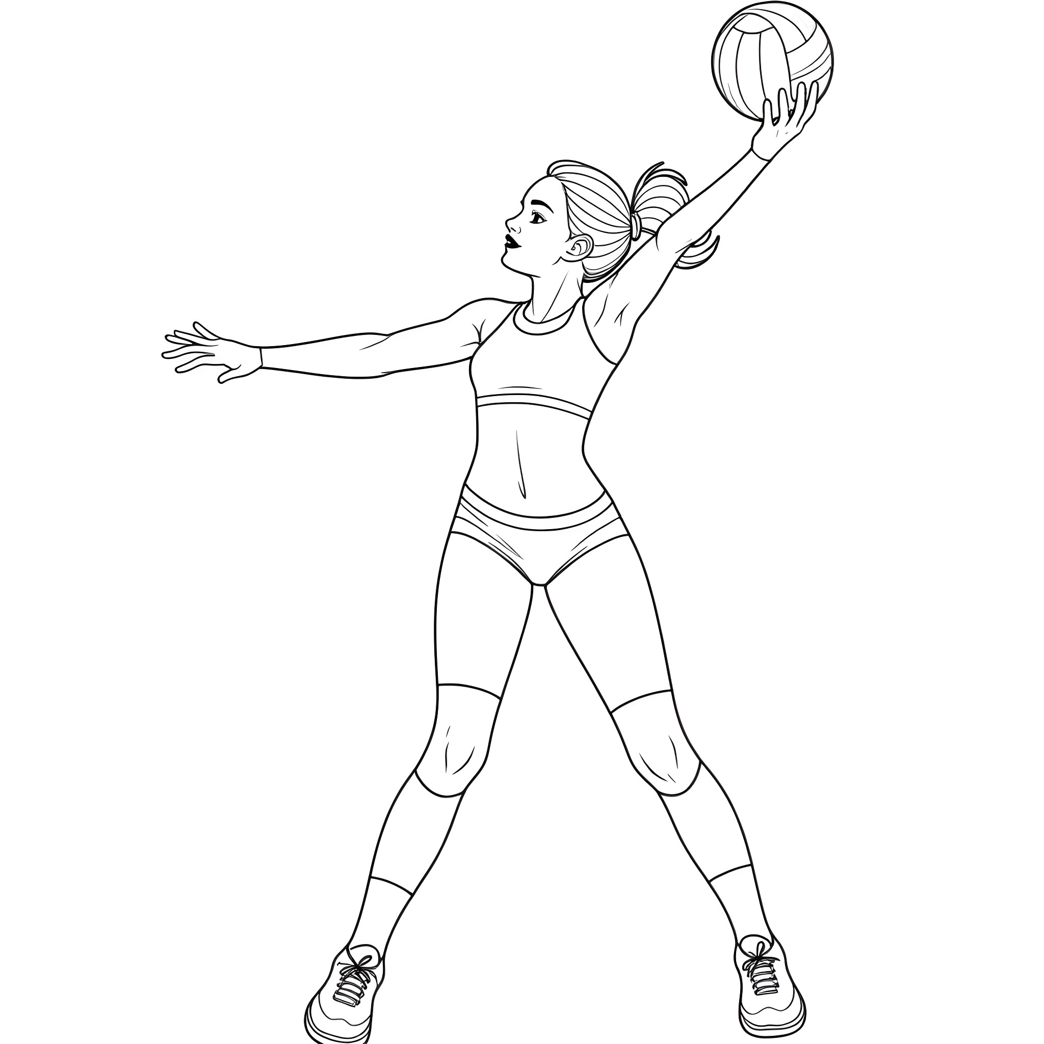 Volleyball Girl Spiking the Ball with Excitement Coloring Page (free black-and-white line drawing printable PDF for all, from beginners to advanced learners, including children, teens, adults, and seniors)