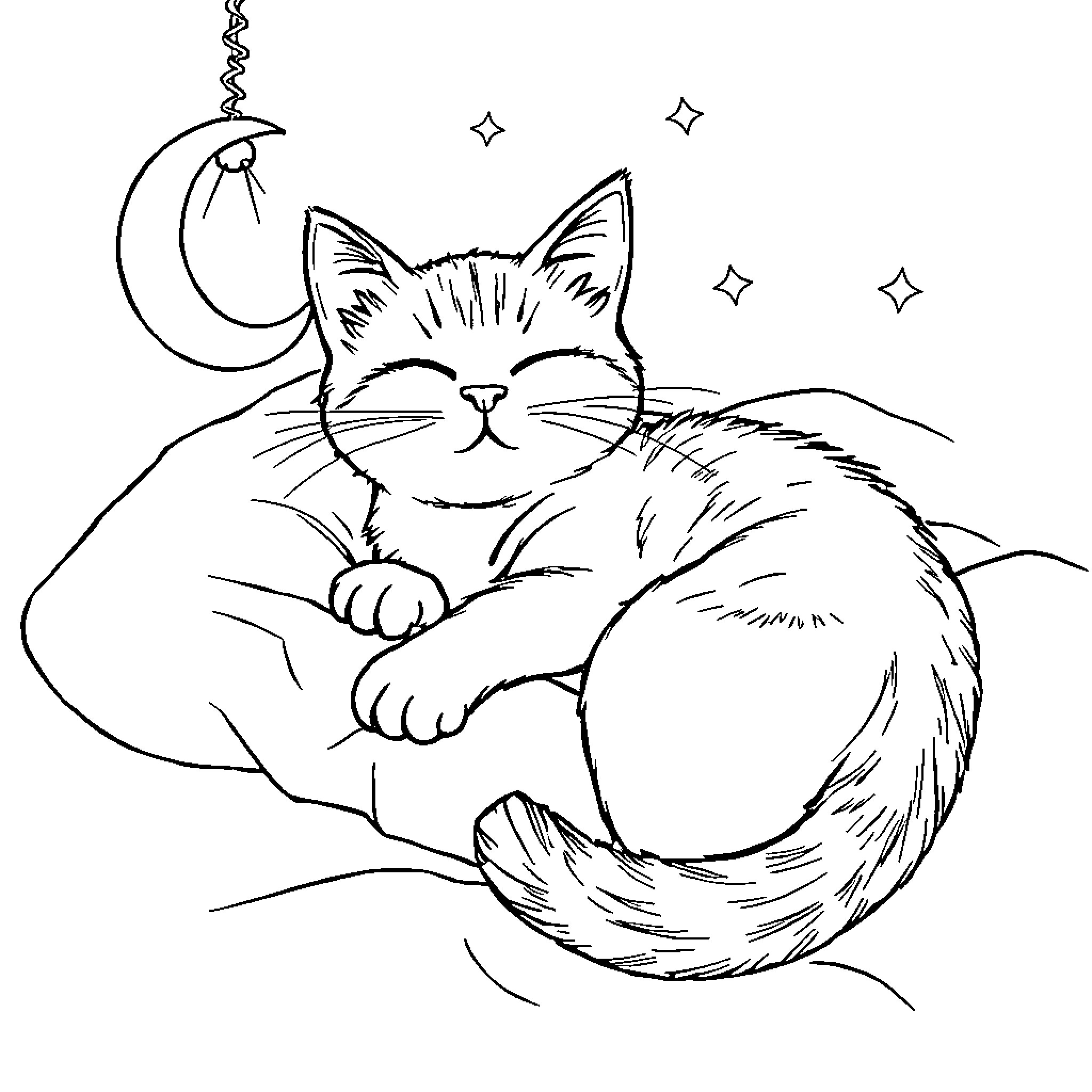 Cat napping under the stars Coloring Page (free black-and-white line drawing printable PDF for all, from beginners to advanced learners, including children, teens, adults, and seniors)