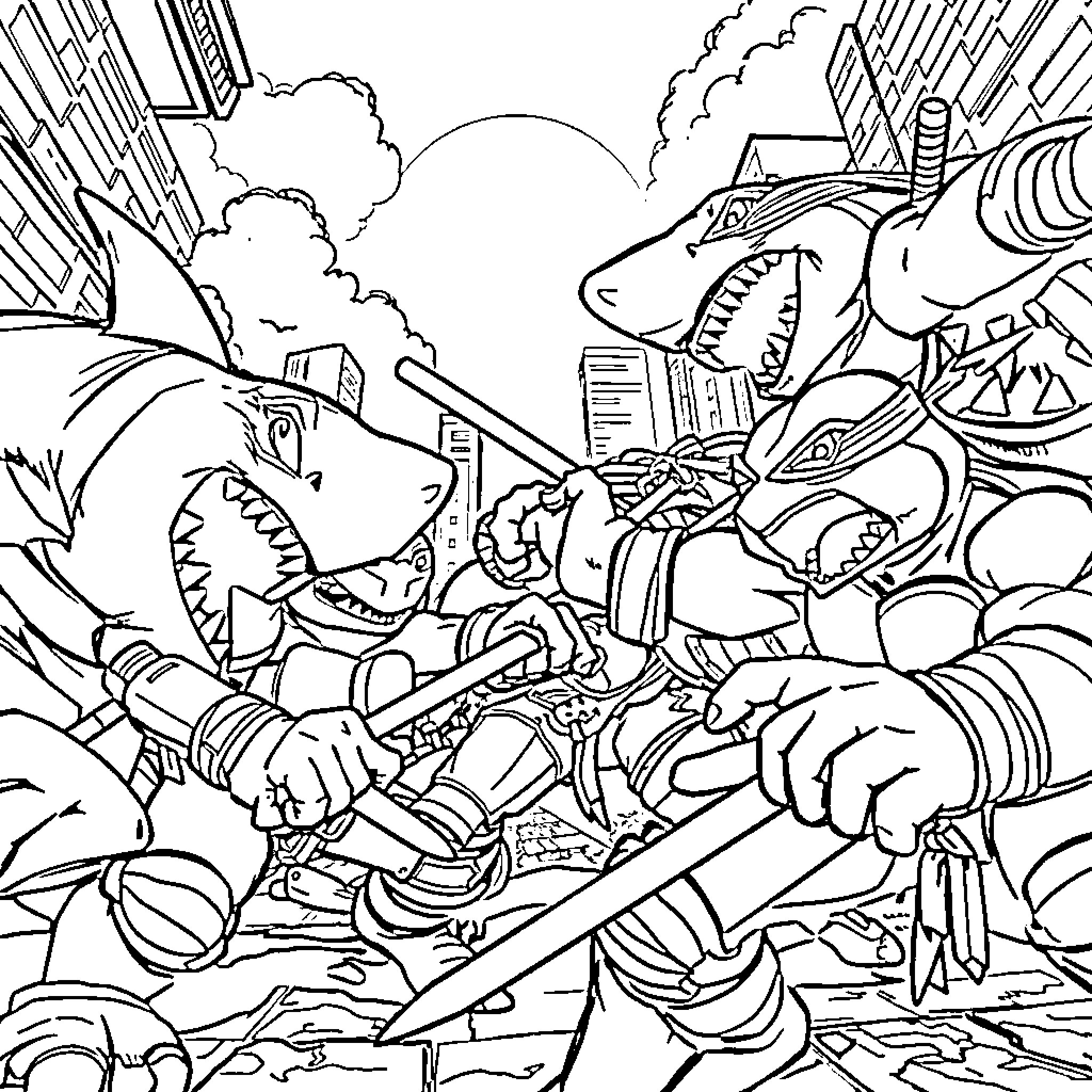Shark battle in the cityscape Coloring Page (free black-and-white line drawing printable PDF for all, from beginners to advanced learners, including children, teens, adults, and seniors)