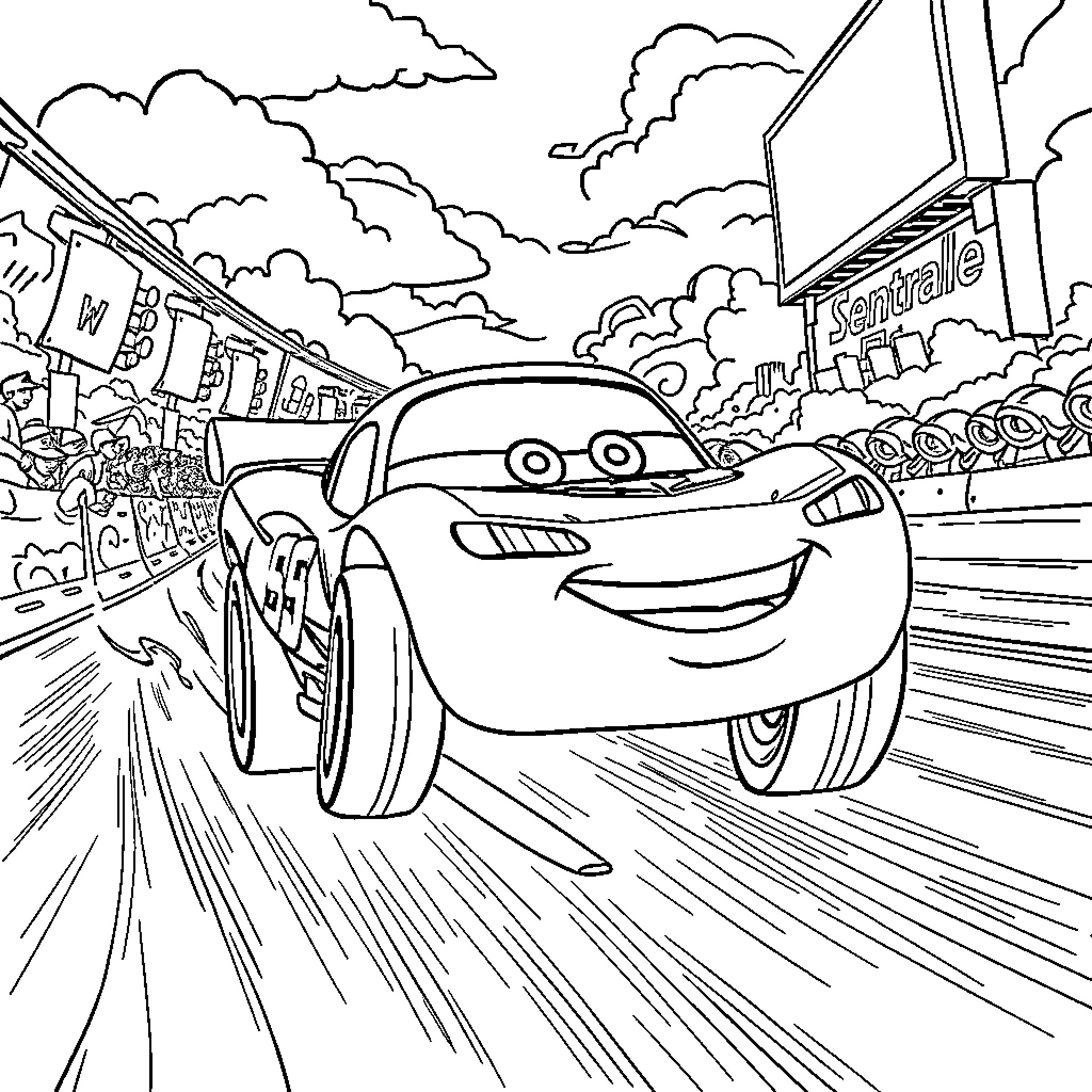 Lightning McQueen speeding through the town Coloring Page (free black-and-white line drawing printable PDF for all, from beginners to advanced learners, including children, teens, adults, and seniors)