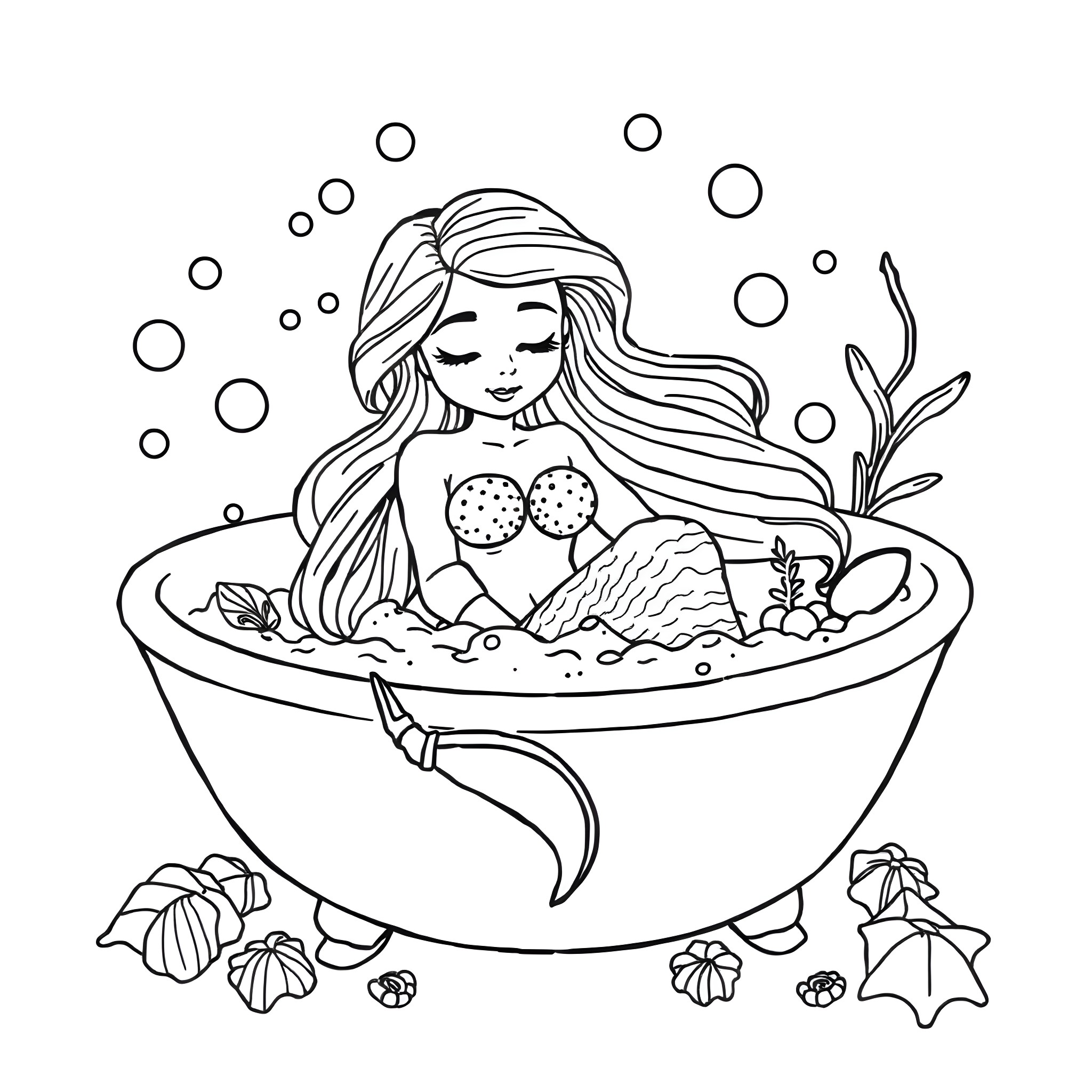 Mermaid enjoying a relaxing bubble bath Coloring Page (free black-and-white line drawing printable PDF for all, from beginners to advanced learners, including children, teens, adults, and seniors)