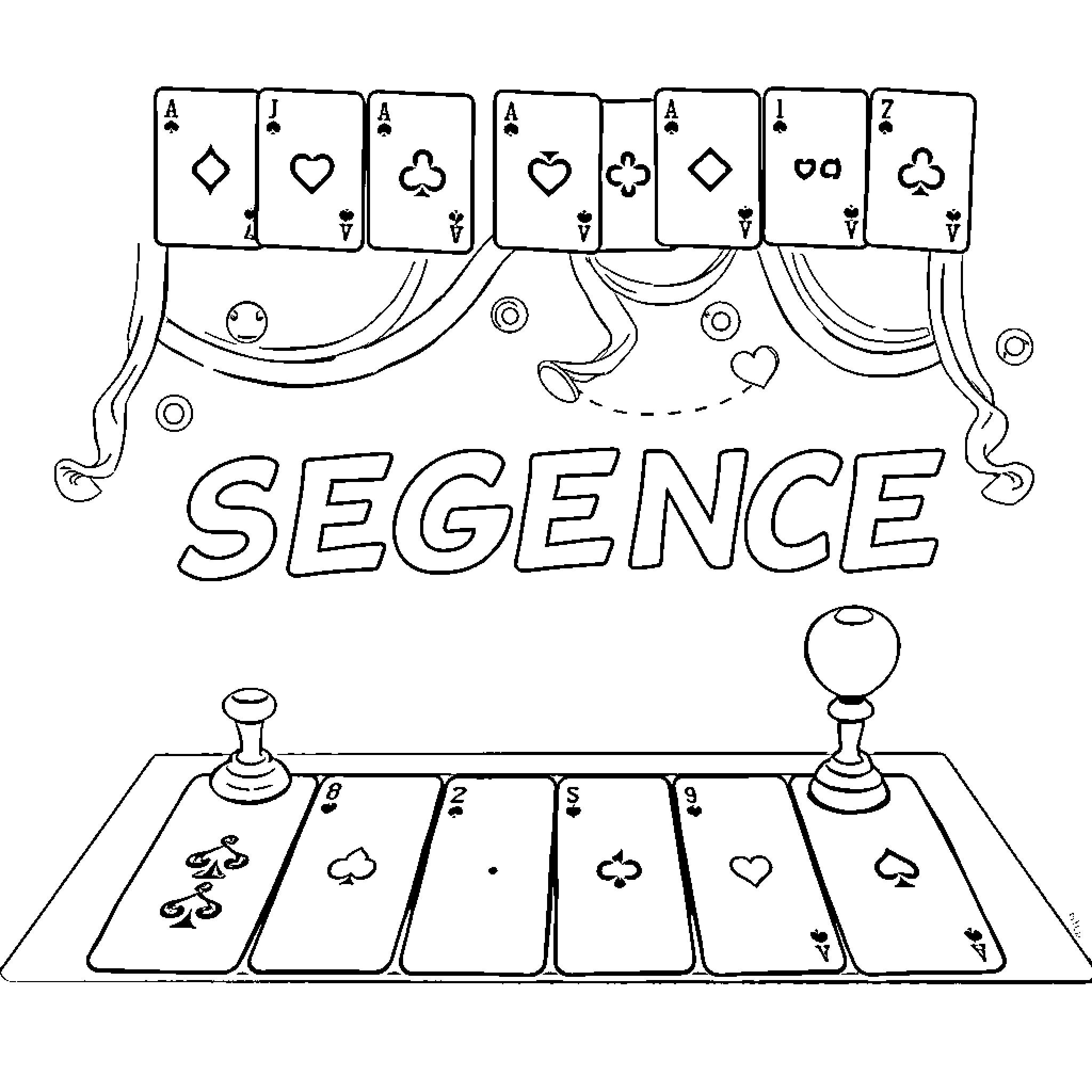 Game of playing cards on a segence table Coloring Page (free black-and-white line drawing printable PDF for all, from beginners to advanced learners, including children, teens, adults, and seniors)