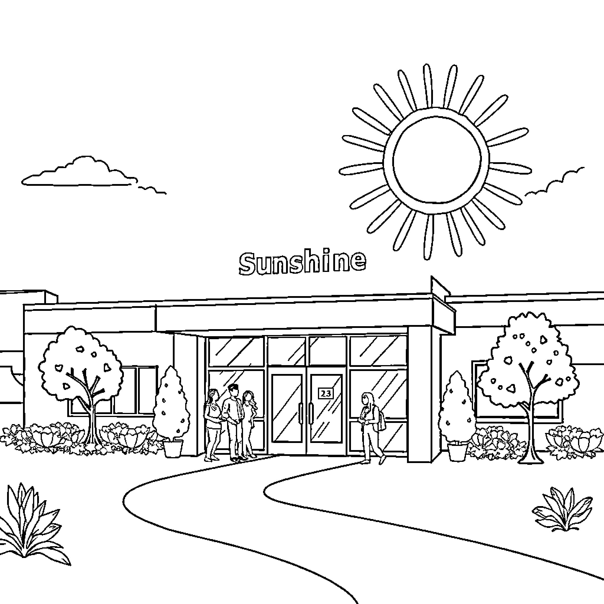 Sunshine at the local store Coloring Page (free black-and-white line drawing printable PDF for all, from beginners to advanced learners, including children, teens, adults, and seniors)