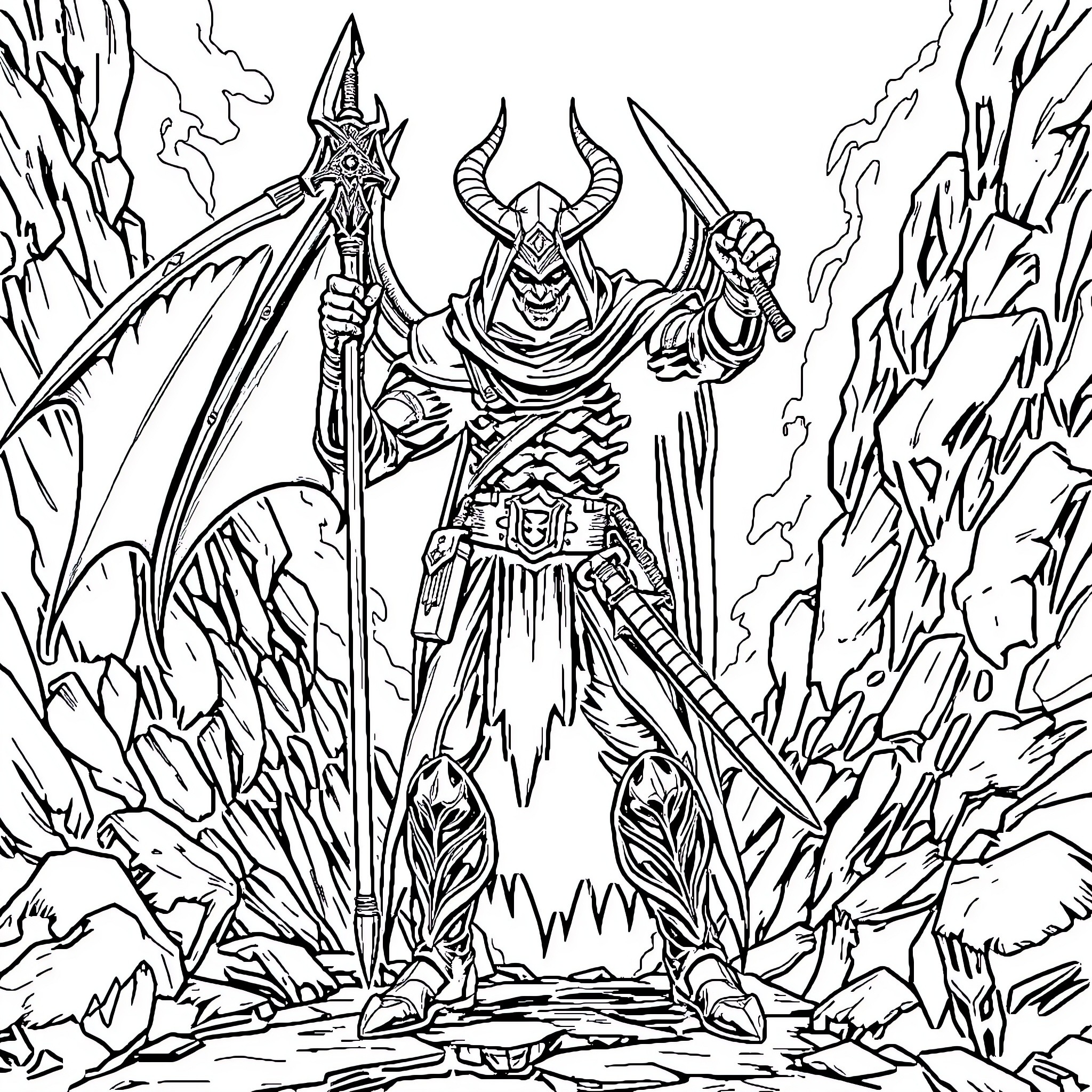 Demon Warrior Stands Tall with Mighty Spear and Horned Helm Coloring Page (free black-and-white line drawing printable PDF for all, from beginners to advanced learners, including children, teens, adults, and seniors)