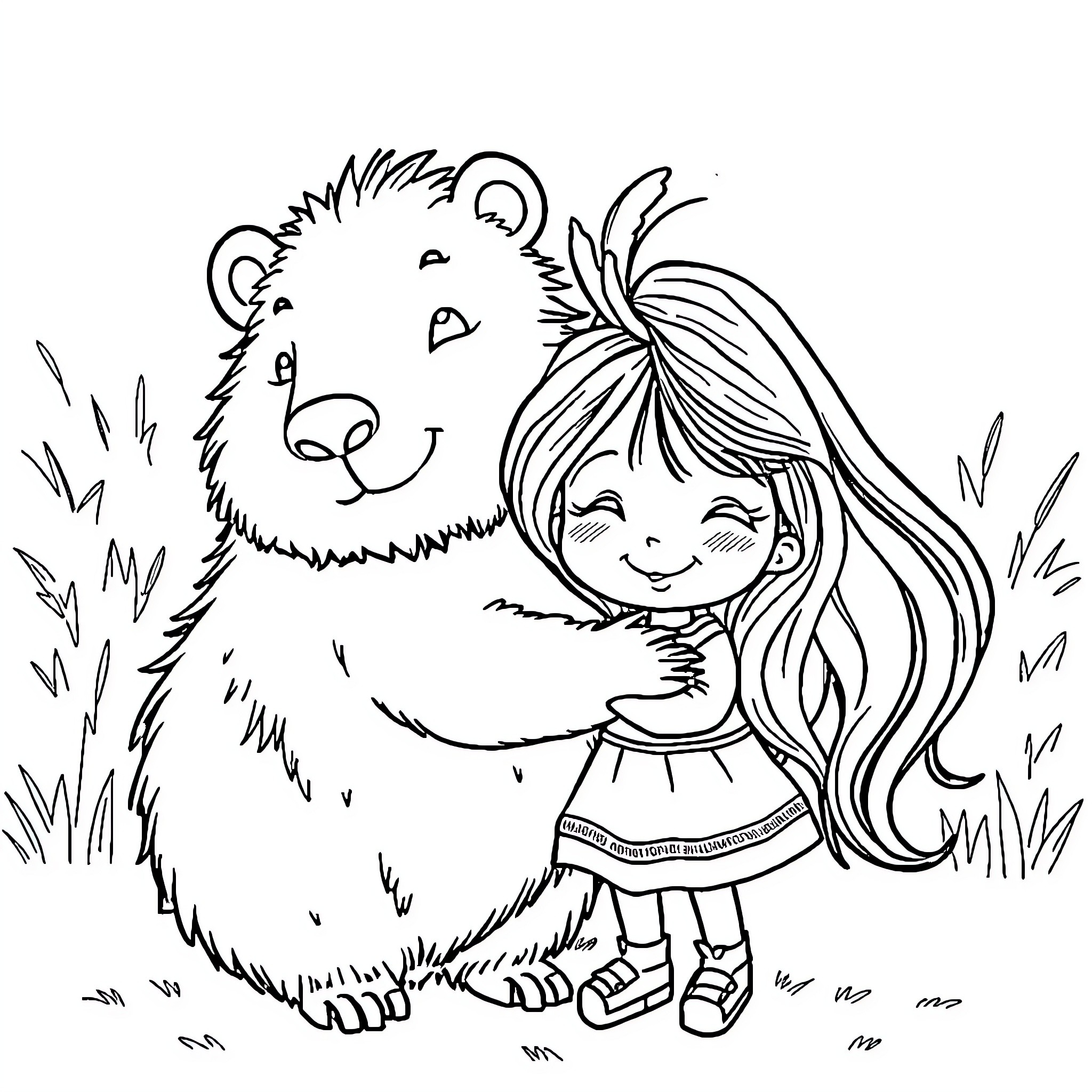 Capybara and a happy girl in the meadow Coloring Page (free black-and-white line drawing printable PDF for all, from beginners to advanced learners, including children, teens, adults, and seniors)