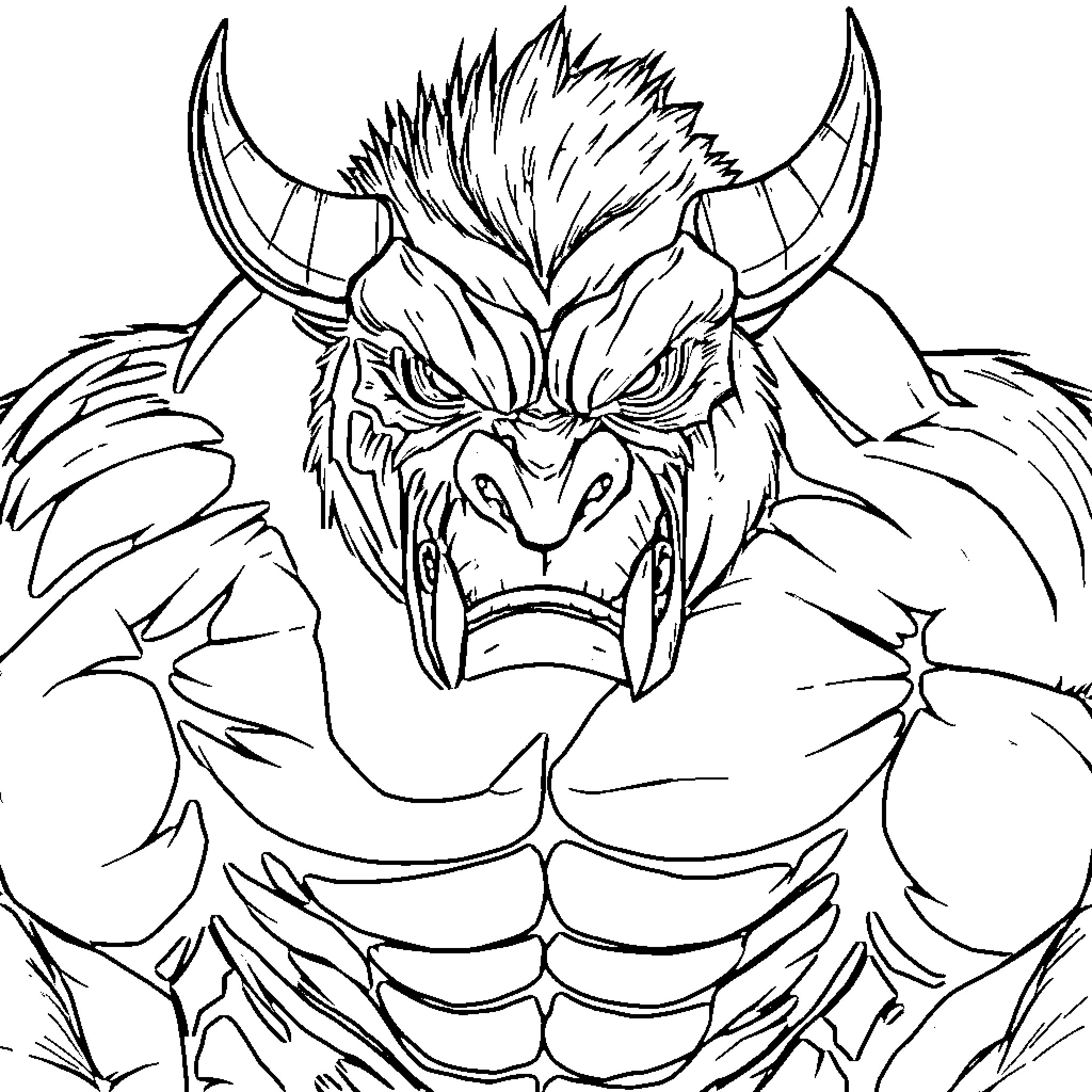 Musclore Powerful Demon Warrior Roars in Fury Coloring Page (free black-and-white line drawing printable PDF for all, from beginners to advanced learners, including children, teens, adults, and seniors)