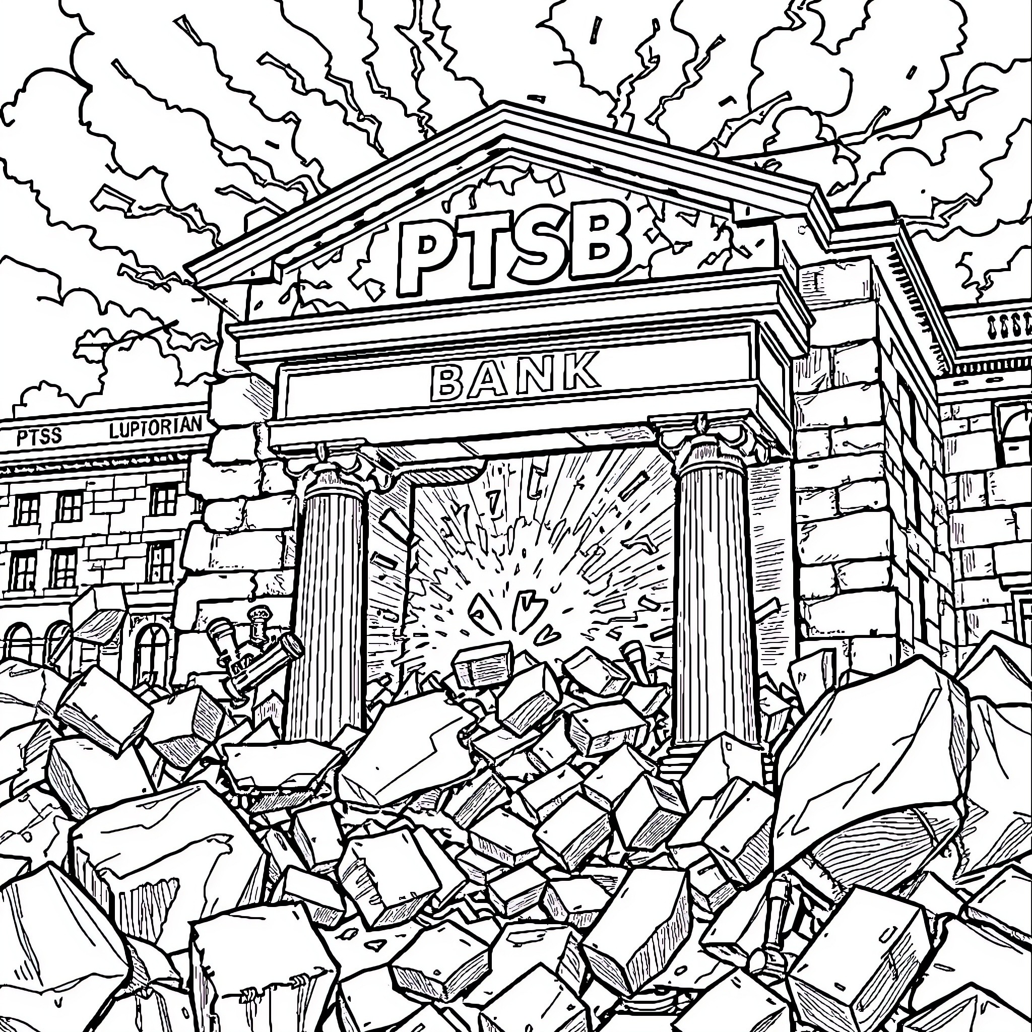 Bank Explosion and Debris Coloring Page (free black-and-white line drawing printable PDF for all, from beginners to advanced learners, including children, teens, adults, and seniors)