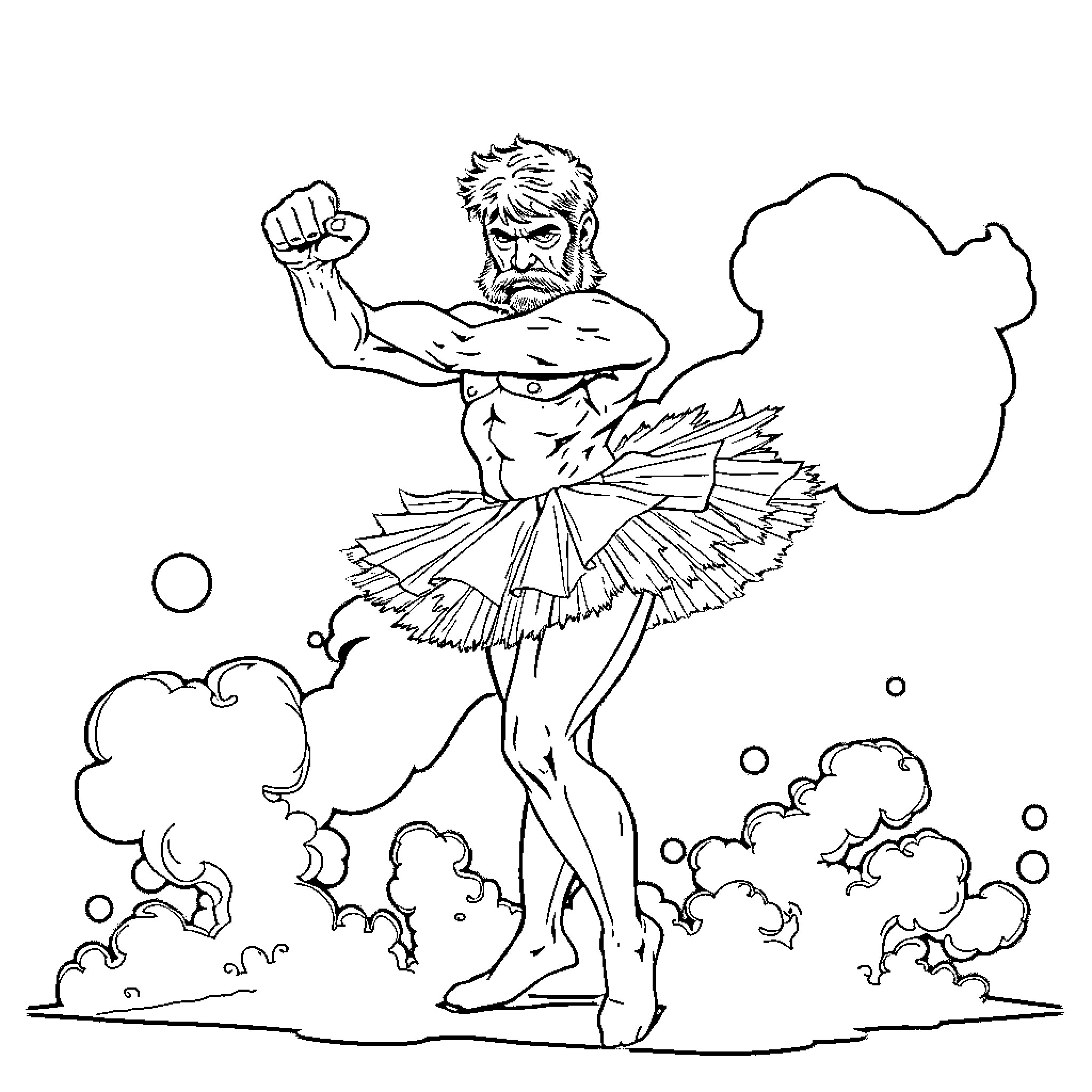 Chuck Norris as a muscular ballerina performing a high kick Coloring Page (free black-and-white line drawing printable PDF for all, from beginners to advanced learners, including children, teens, adults, and seniors)