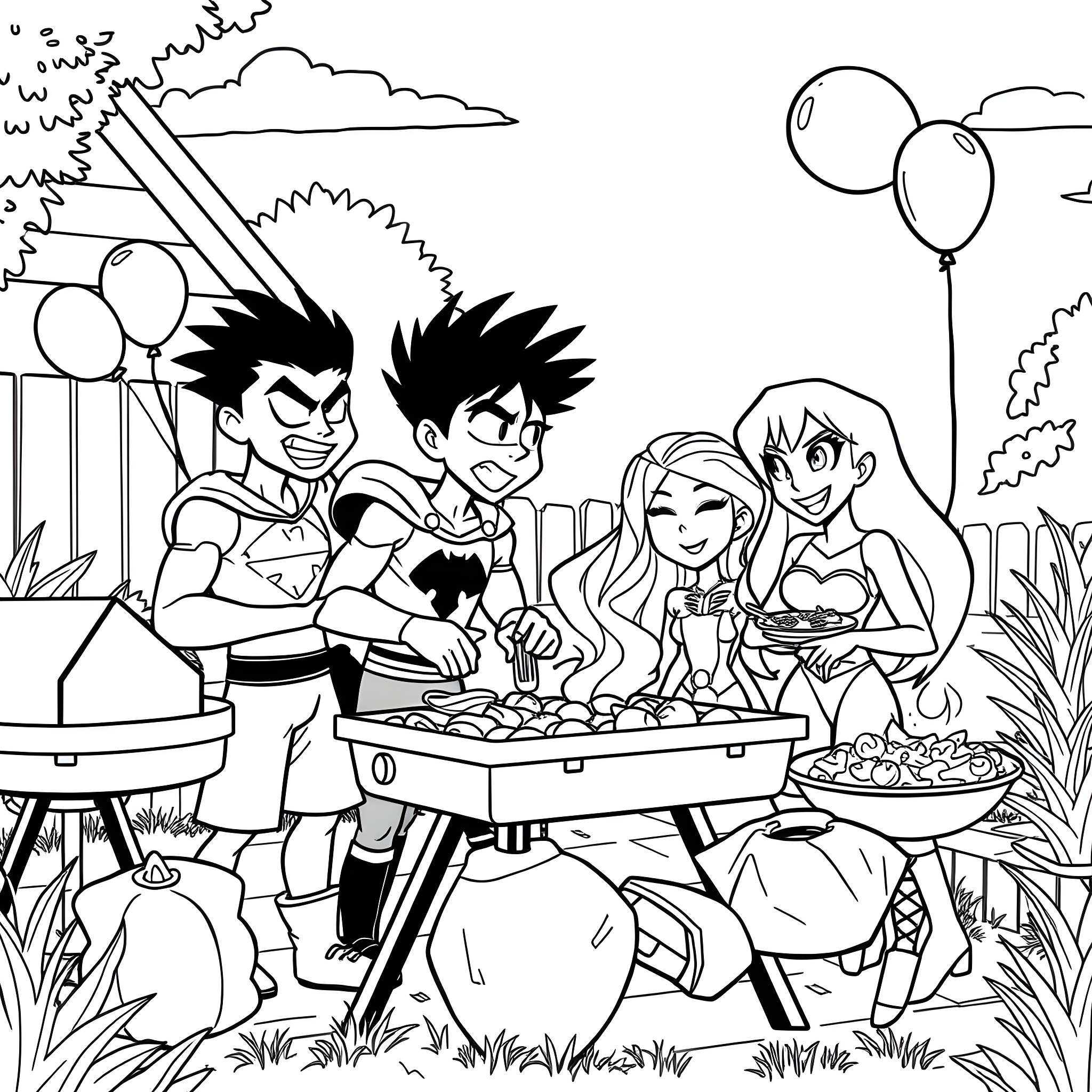 Teen Titans Enjoying Outdoor Picnic Together Coloring Page (free black-and-white line drawing printable PDF for all, from beginners to advanced learners, including children, teens, adults, and seniors)