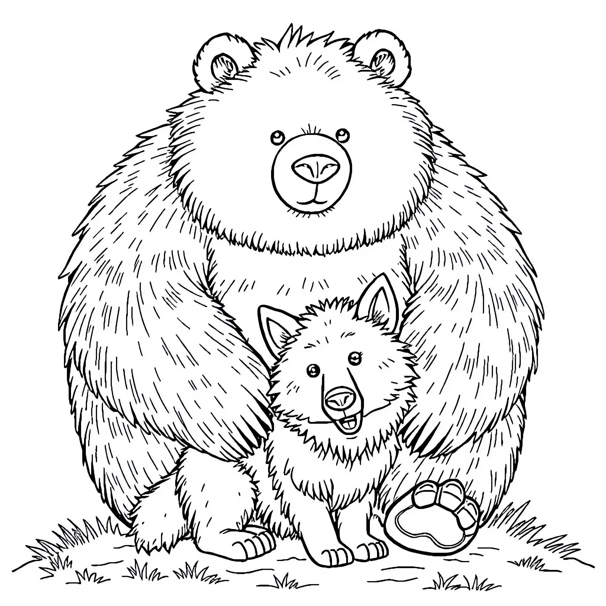 Sumo Bear and Furry Friend in Nature Coloring Page (free black-and-white line drawing printable PDF for all, from beginners to advanced learners, including children, teens, adults, and seniors)