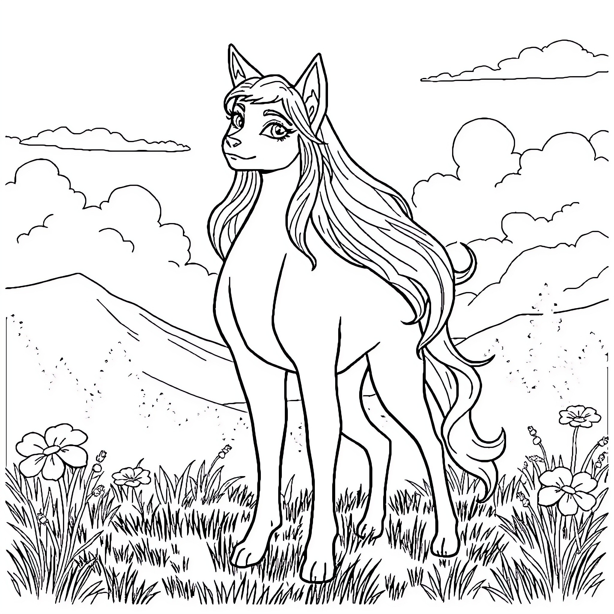 Zelda the enchanting fox-like creature in the meadow Coloring Page (free black-and-white line drawing printable PDF for all, from beginners to advanced learners, including children, teens, adults, and seniors)