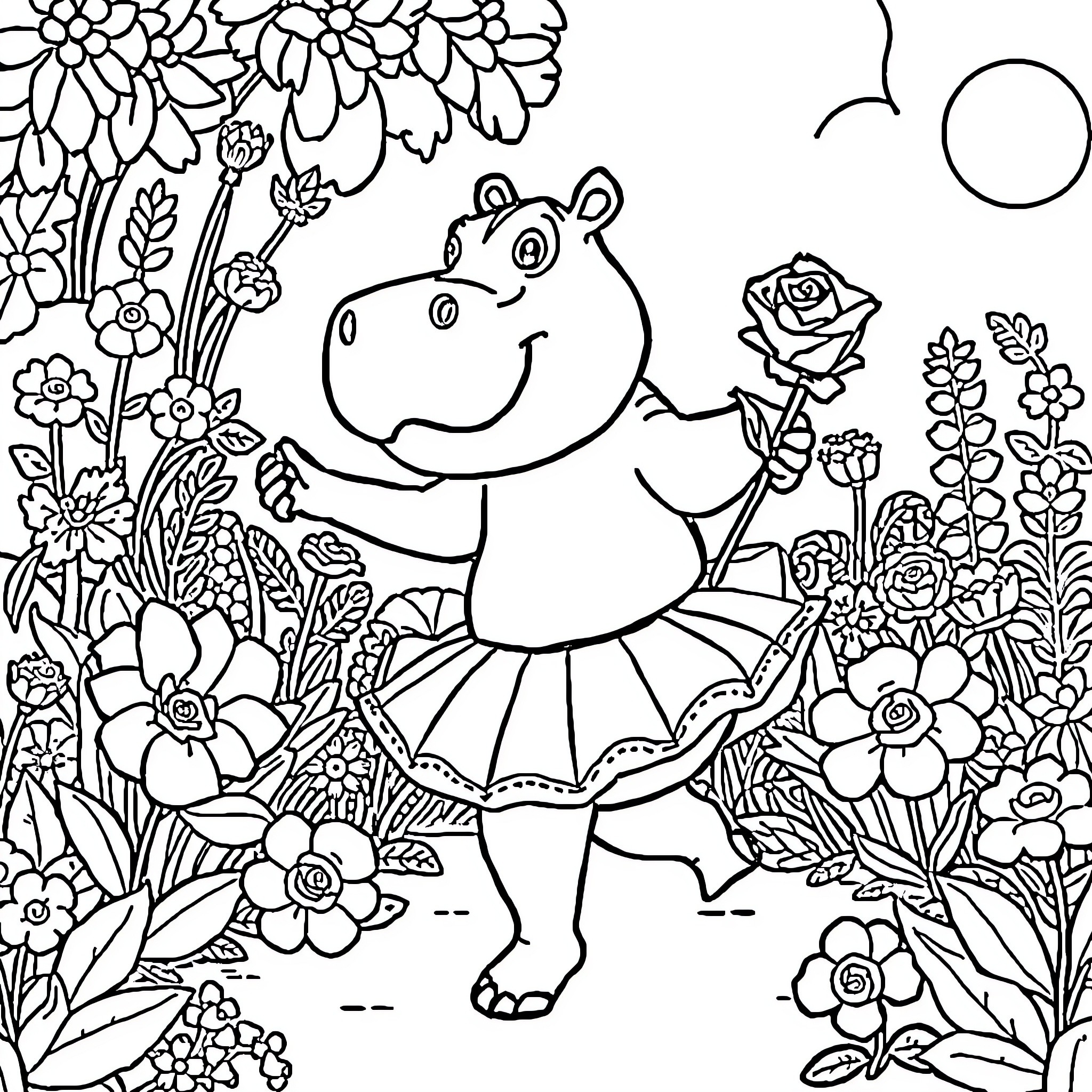 Hippo dancing gracefully in a floral garden Coloring Page (free black-and-white line drawing printable PDF for all, from beginners to advanced learners, including children, teens, adults, and seniors)