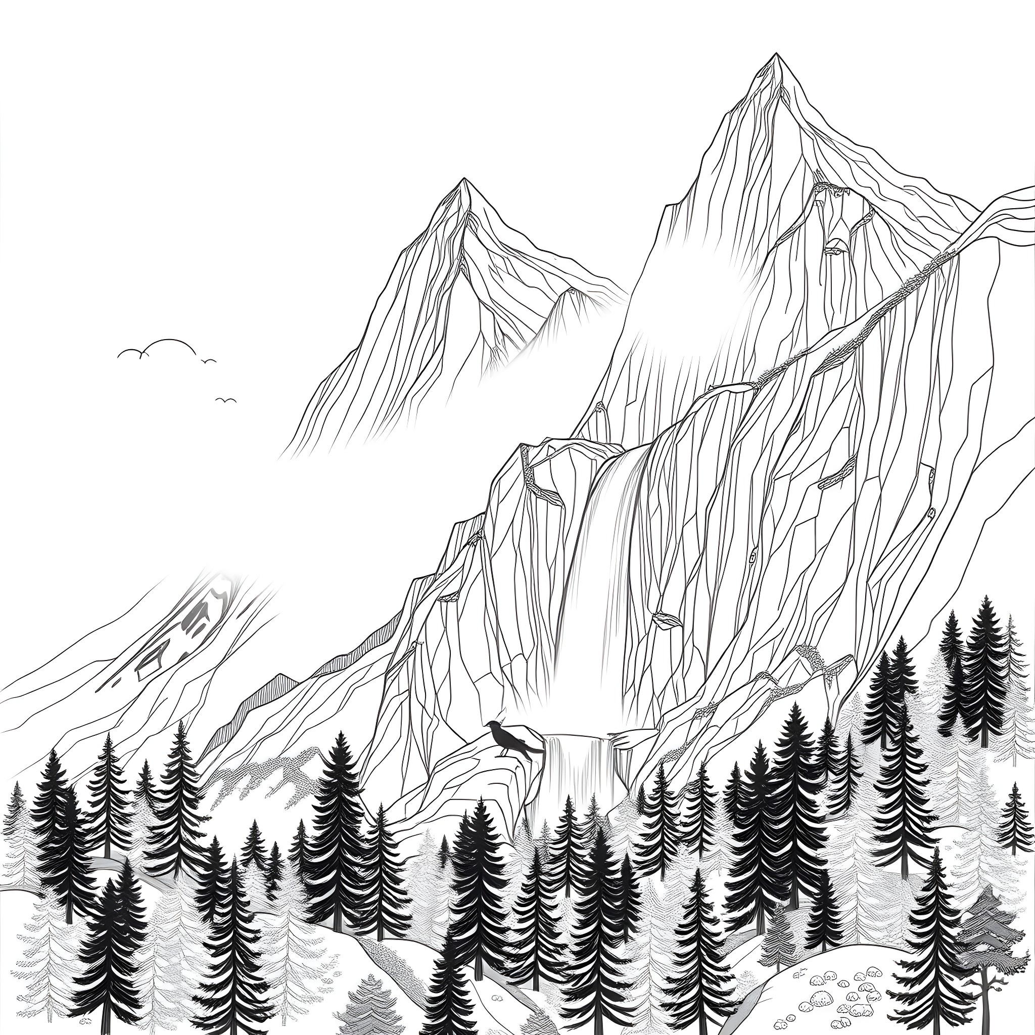 Cabin in the Majestic Mountain Landscape Coloring Page (free black-and-white line drawing printable PDF for all, from beginners to advanced learners, including children, teens, adults, and seniors)