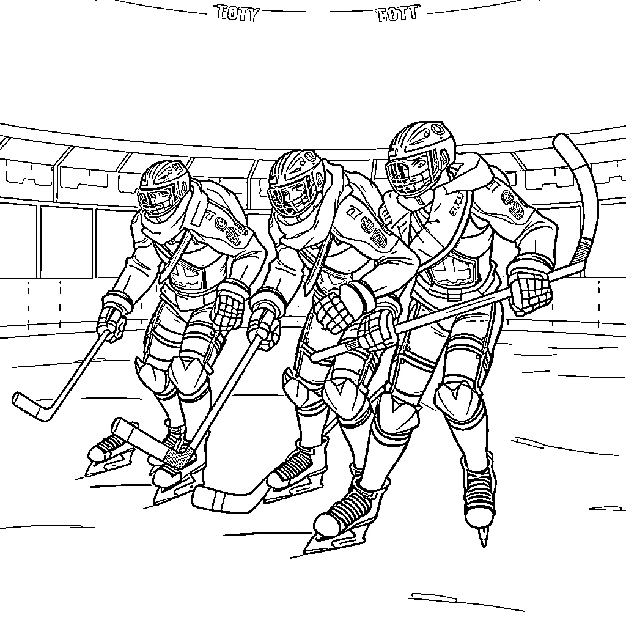 Titan hockey players in action on the rink Coloring Page (free black-and-white line drawing printable PDF for all, from beginners to advanced learners, including children, teens, adults, and seniors)