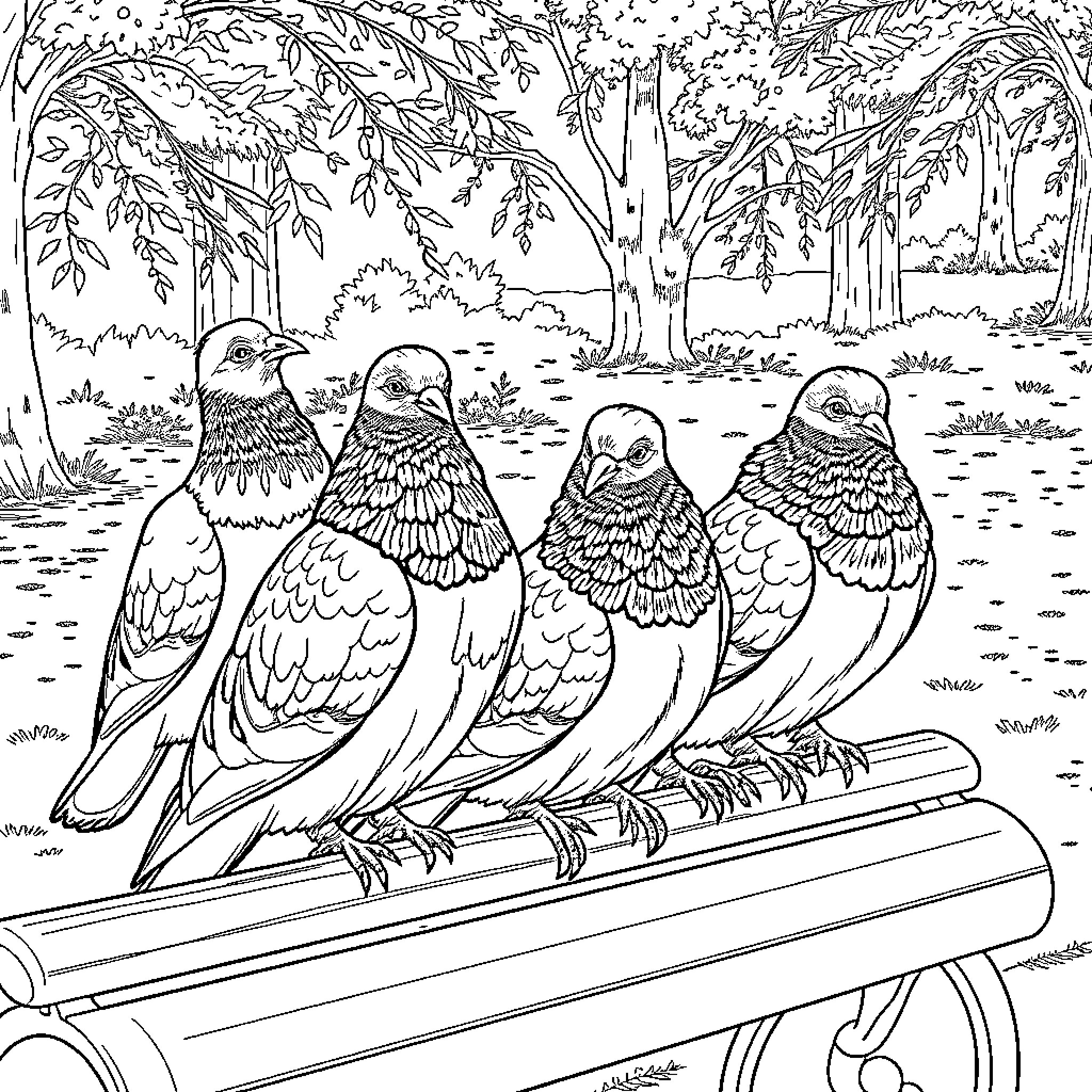 Pigeons perched on a branch in a serene forest Coloring Page (free black-and-white line drawing printable PDF for all, from beginners to advanced learners, including children, teens, adults, and seniors)