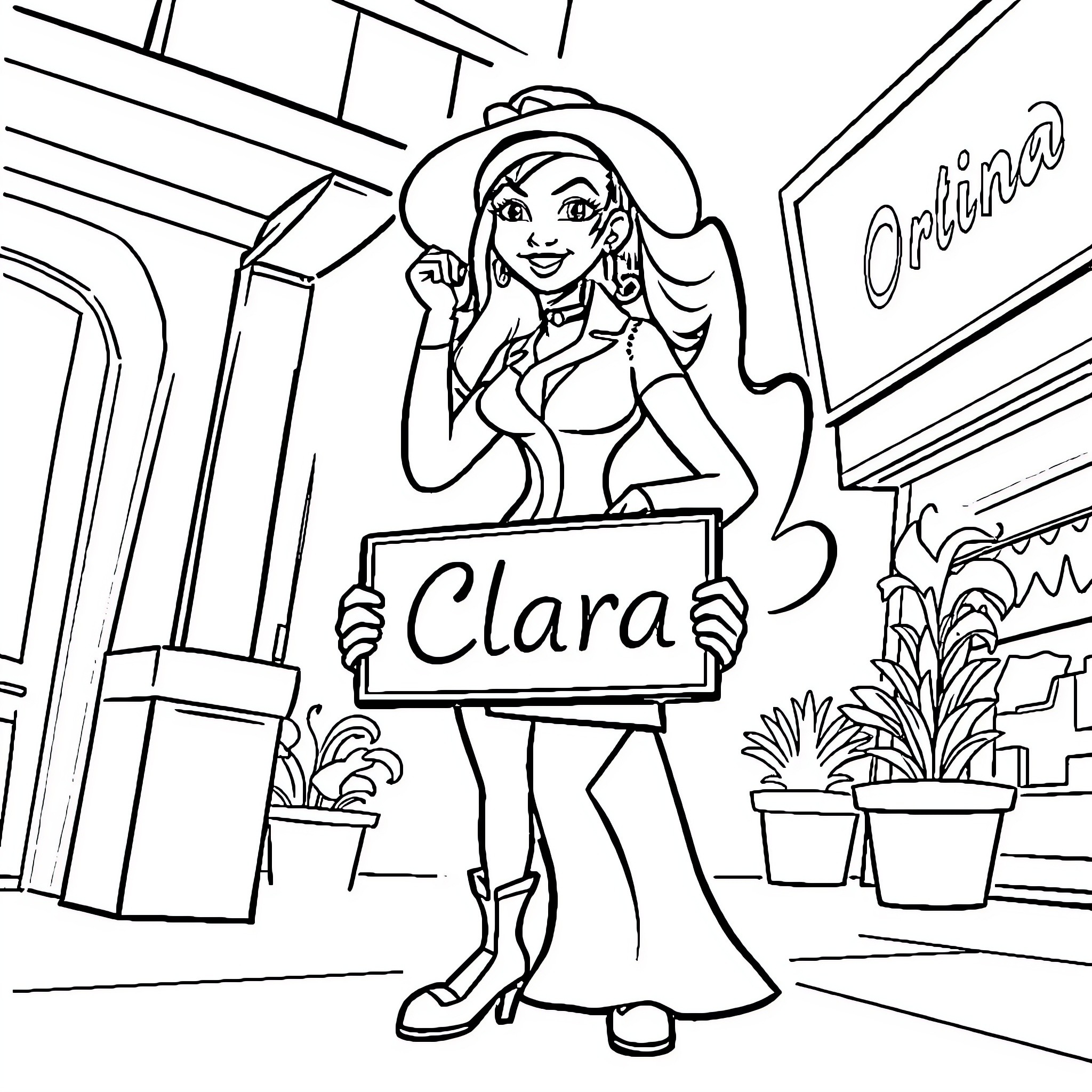 Carmen Sandiego introduces herself in an exciting new scene Coloring Page (free black-and-white line drawing printable PDF for all, from beginners to advanced learners, including children, teens, adults, and seniors)