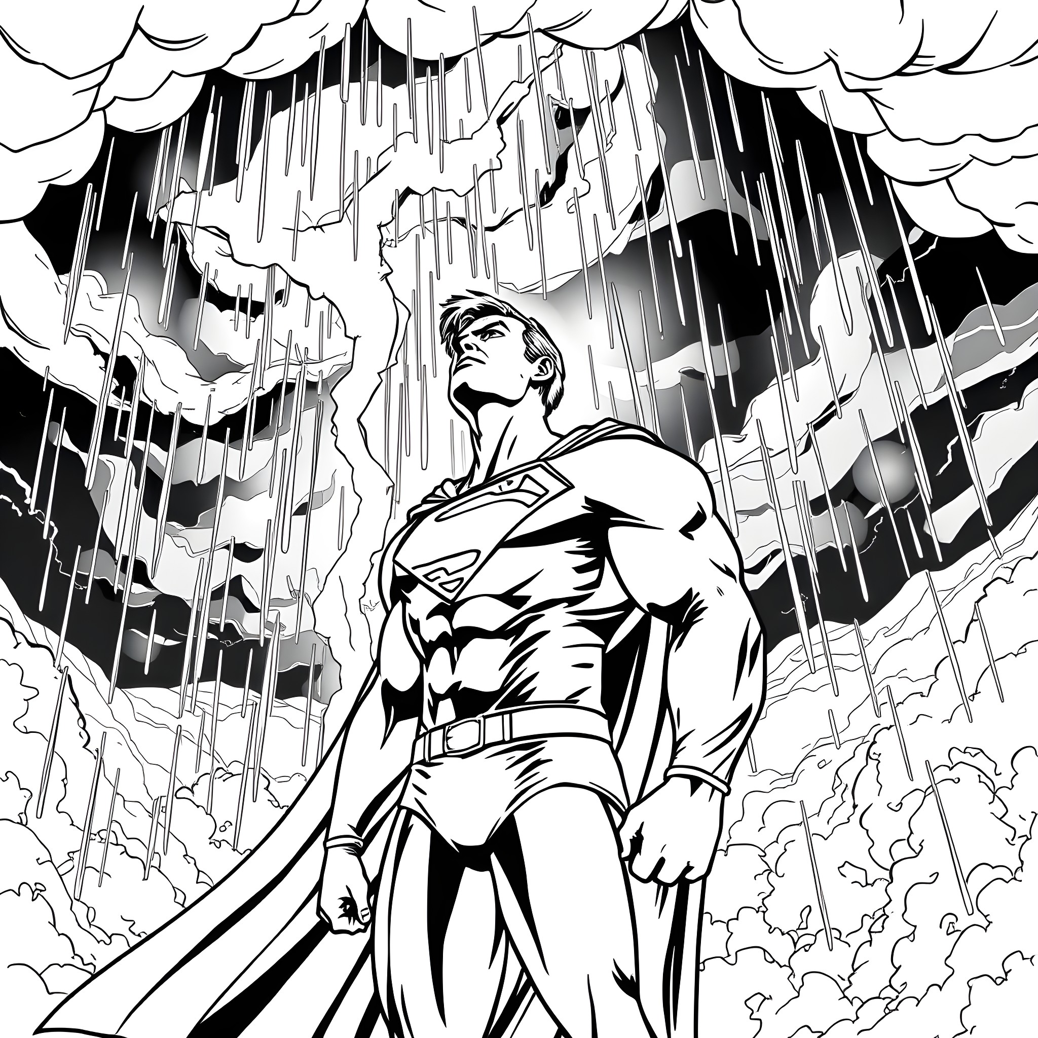 Superman heroically confronting a powerful storm Coloring Page (free black-and-white line drawing printable PDF for all, from beginners to advanced learners, including children, teens, adults, and seniors)