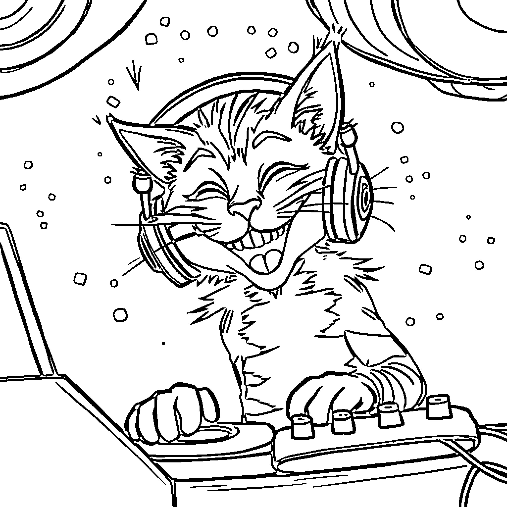 Cheshire Cat DJ entertains with music Coloring Page (free black-and-white line drawing printable PDF for all, from beginners to advanced learners, including children, teens, adults, and seniors)