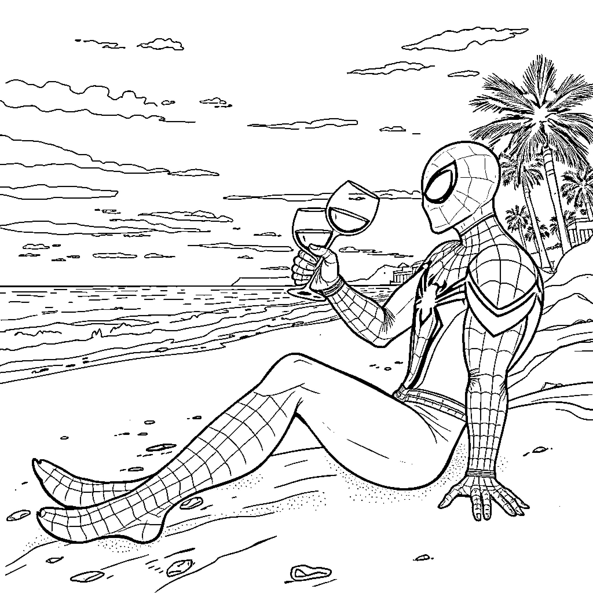 Spider-Man relaxes on the beach Coloring Page (free black-and-white line drawing printable PDF for all, from beginners to advanced learners, including children, teens, adults, and seniors)