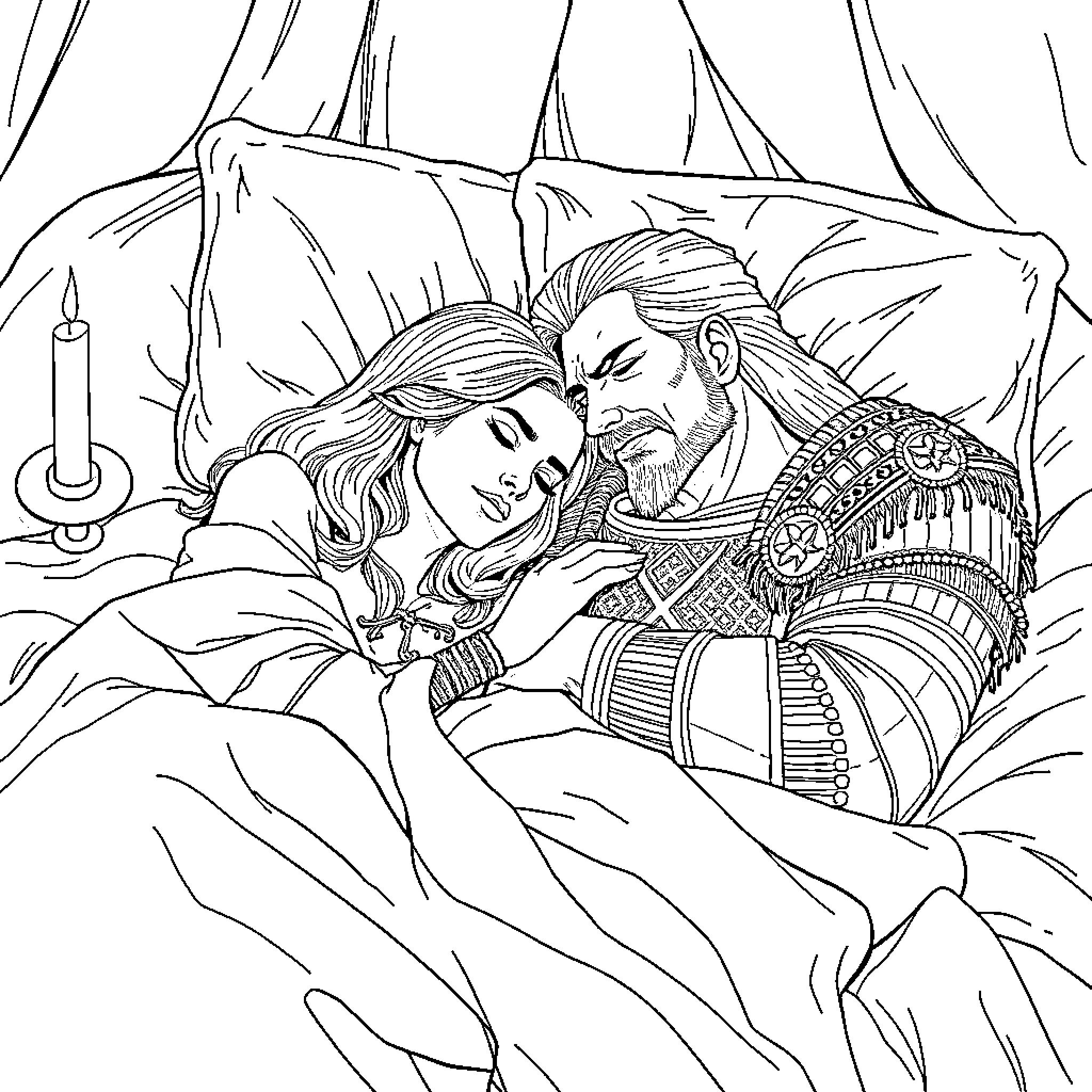 Yennefer and Geralt in an intimate moment Coloring Page (free black-and-white line drawing printable PDF for all, from beginners to advanced learners, including children, teens, adults, and seniors)