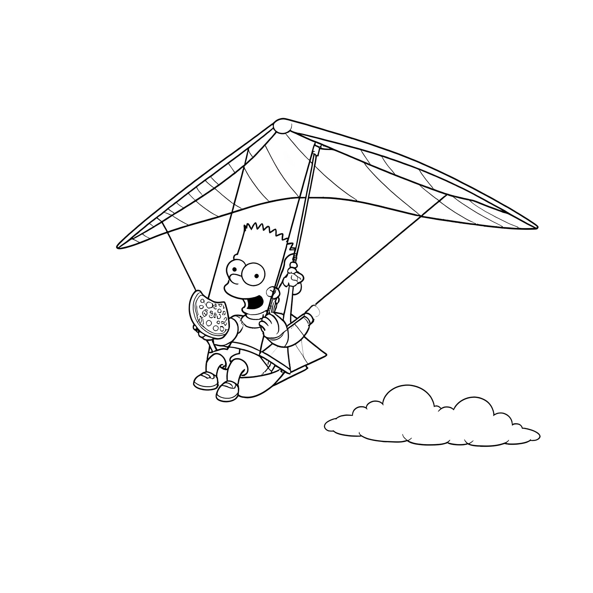 Bart Simpson enjoying a hang glider adventure Coloring Page (free black-and-white line drawing printable PDF for all, from beginners to advanced learners, including children, teens, adults, and seniors)