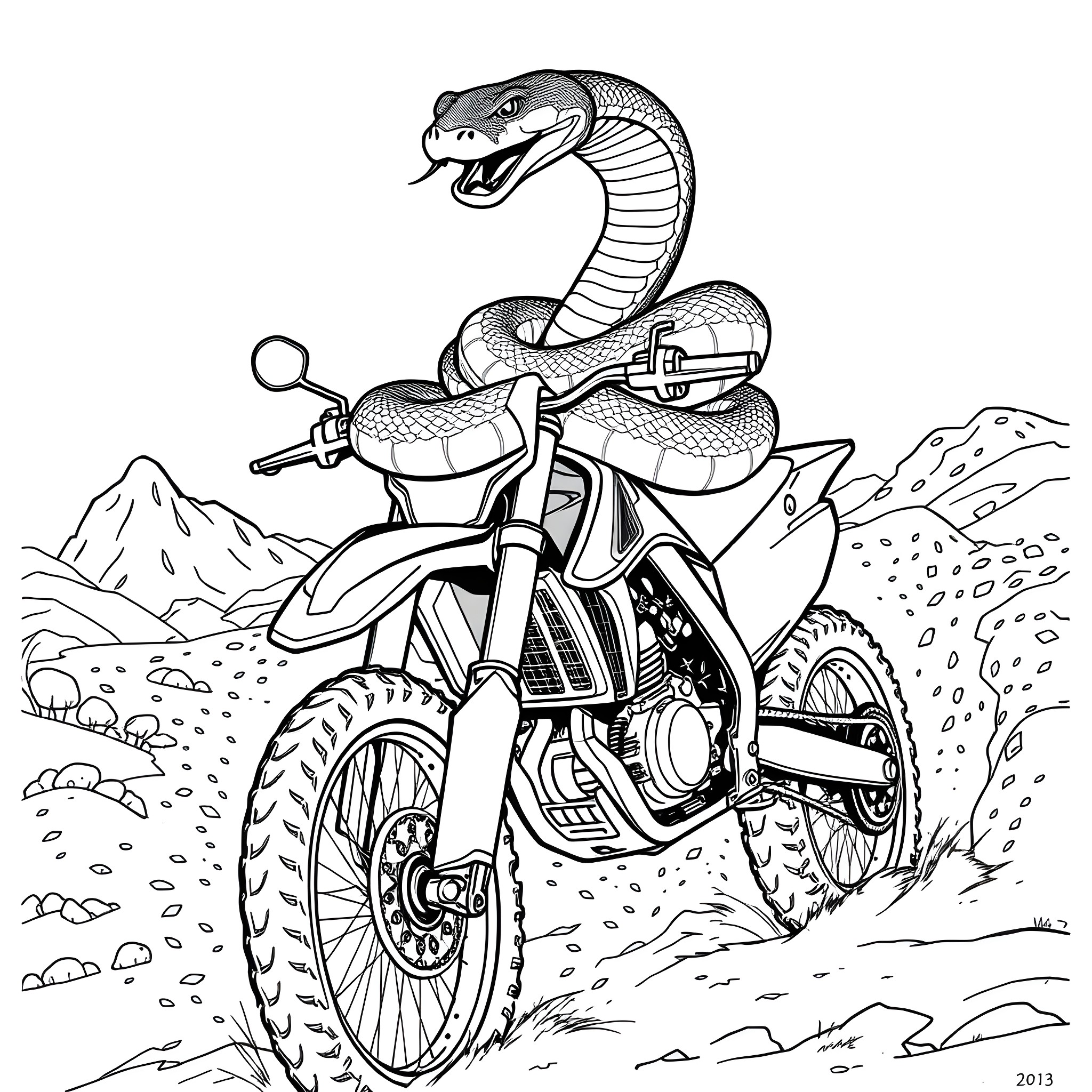 Snake riding a motorcycle on an off-road trail Coloring Page (free black-and-white line drawing printable PDF for all, from beginners to advanced learners, including children, teens, adults, and seniors)