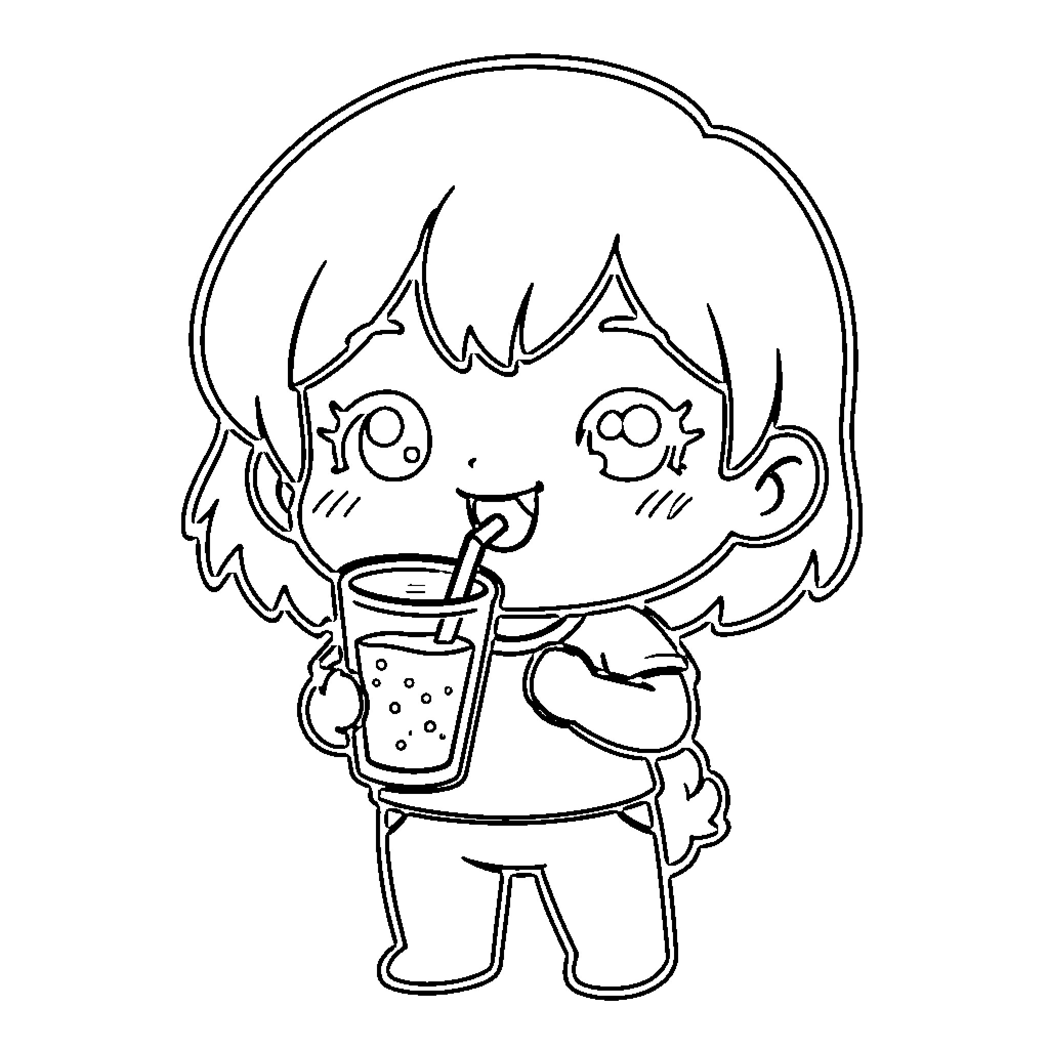 Chibi Character happily drinking a refreshing beverage Coloring Page (free black-and-white line drawing printable PDF for all, from beginners to advanced learners, including children, teens, adults, and seniors)