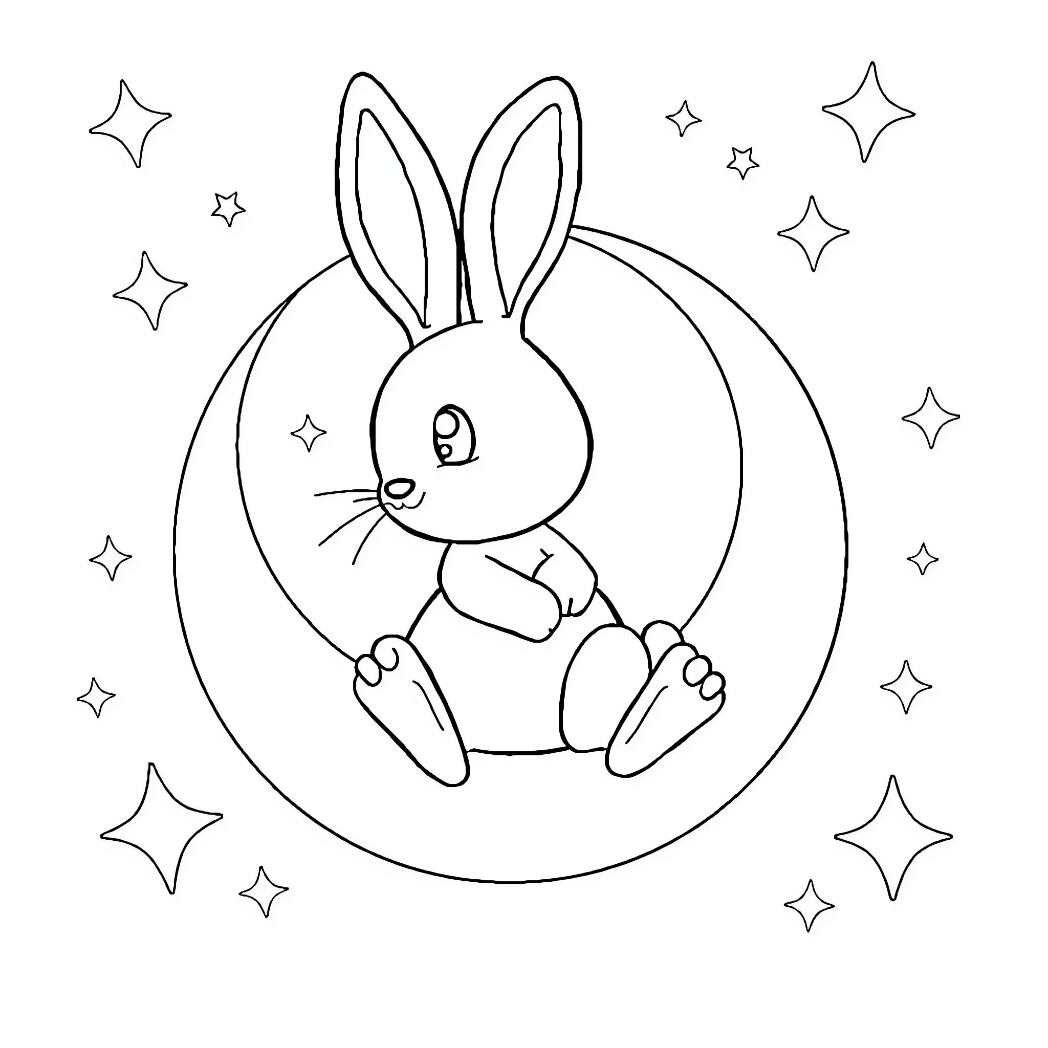 Bunny sitting in a starry circle Coloring Page (free black-and-white line drawing printable PDF for all, from beginners to advanced learners, including children, teens, adults, and seniors)