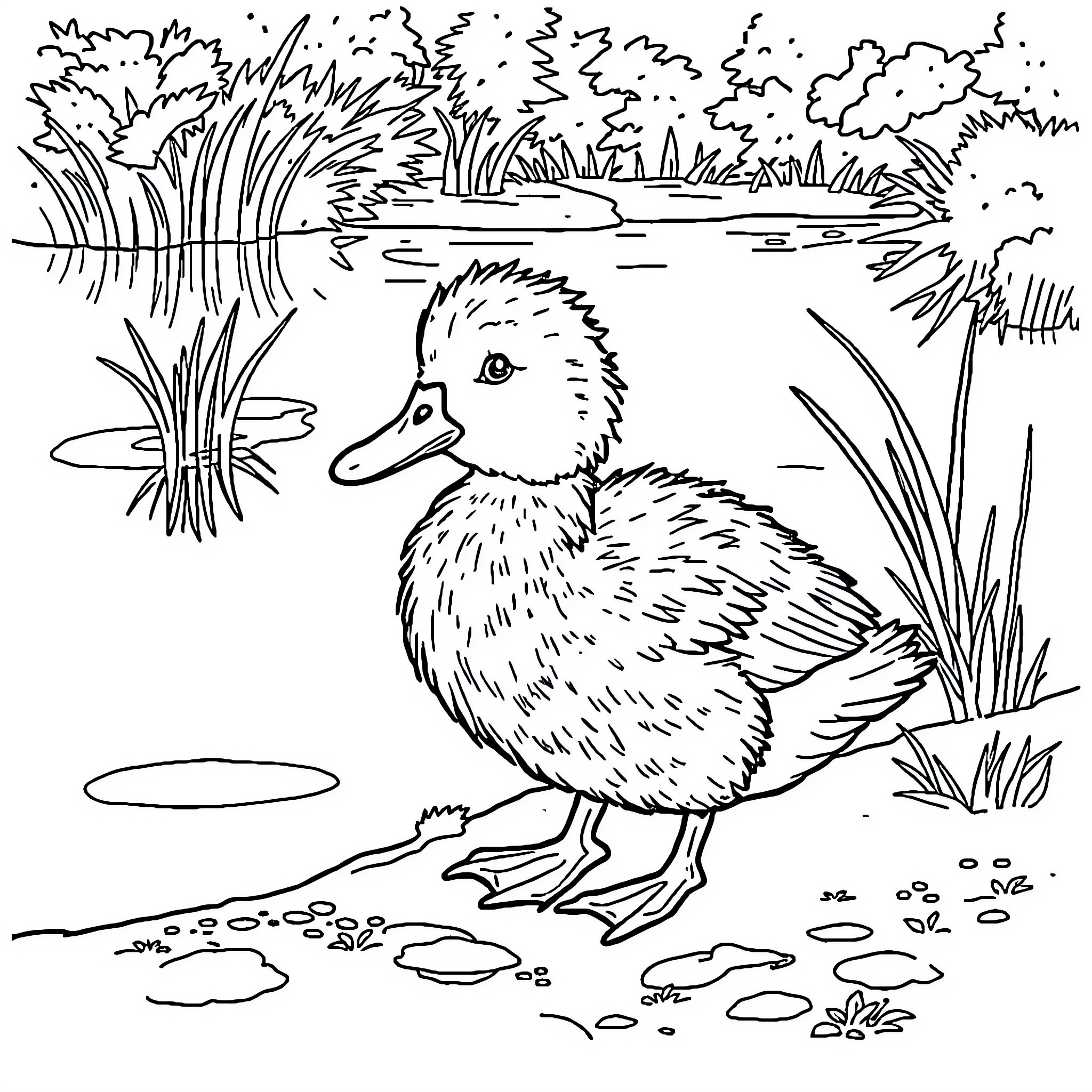 Duck wading in the pond with nature scenery Coloring Page (free black-and-white line drawing printable PDF for all, from beginners to advanced learners, including children, teens, adults, and seniors)