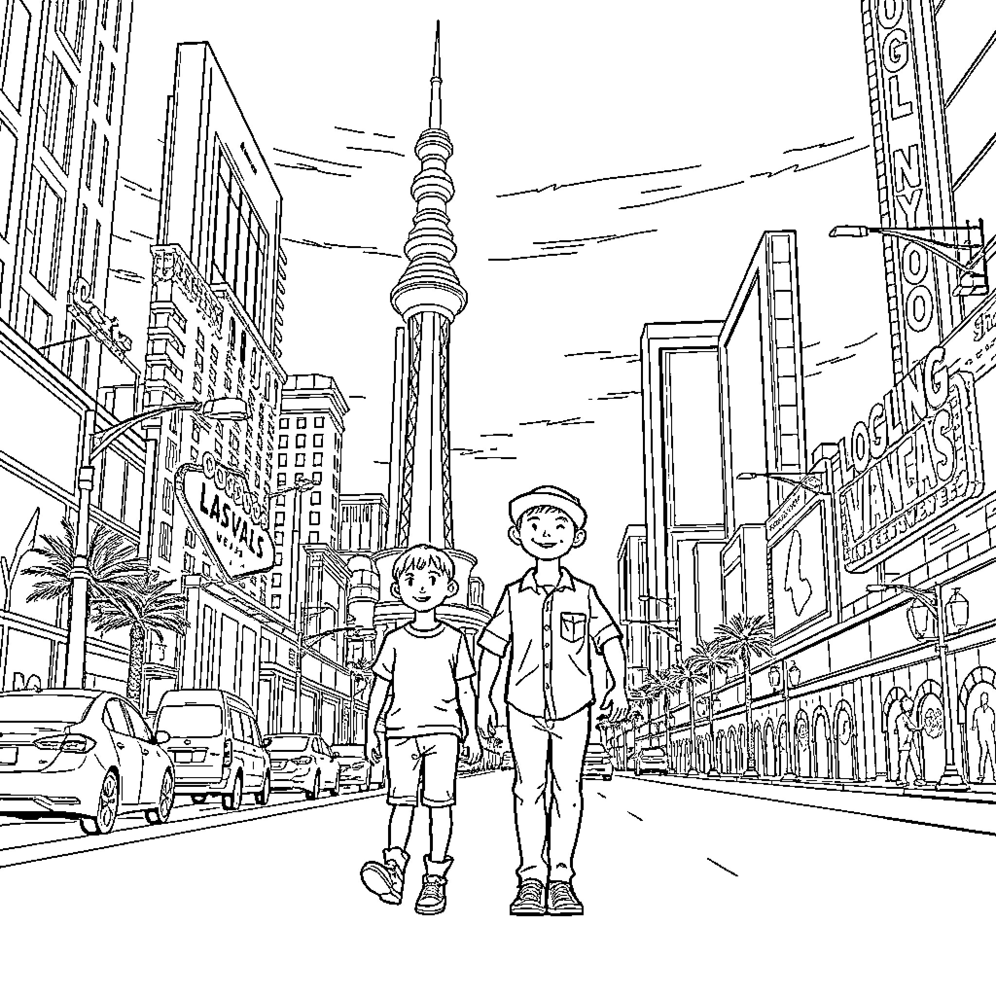 Boy explores the bustling city skyline Coloring Page (free black-and-white line drawing printable PDF for all, from beginners to advanced learners, including children, teens, adults, and seniors)