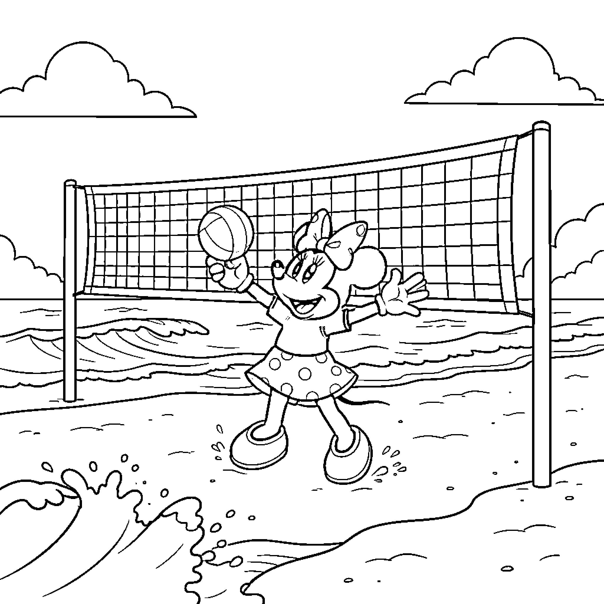 Minnie playing volleyball on a sunny beach Coloring Page (free black-and-white line drawing printable PDF for all, from beginners to advanced learners, including children, teens, adults, and seniors)