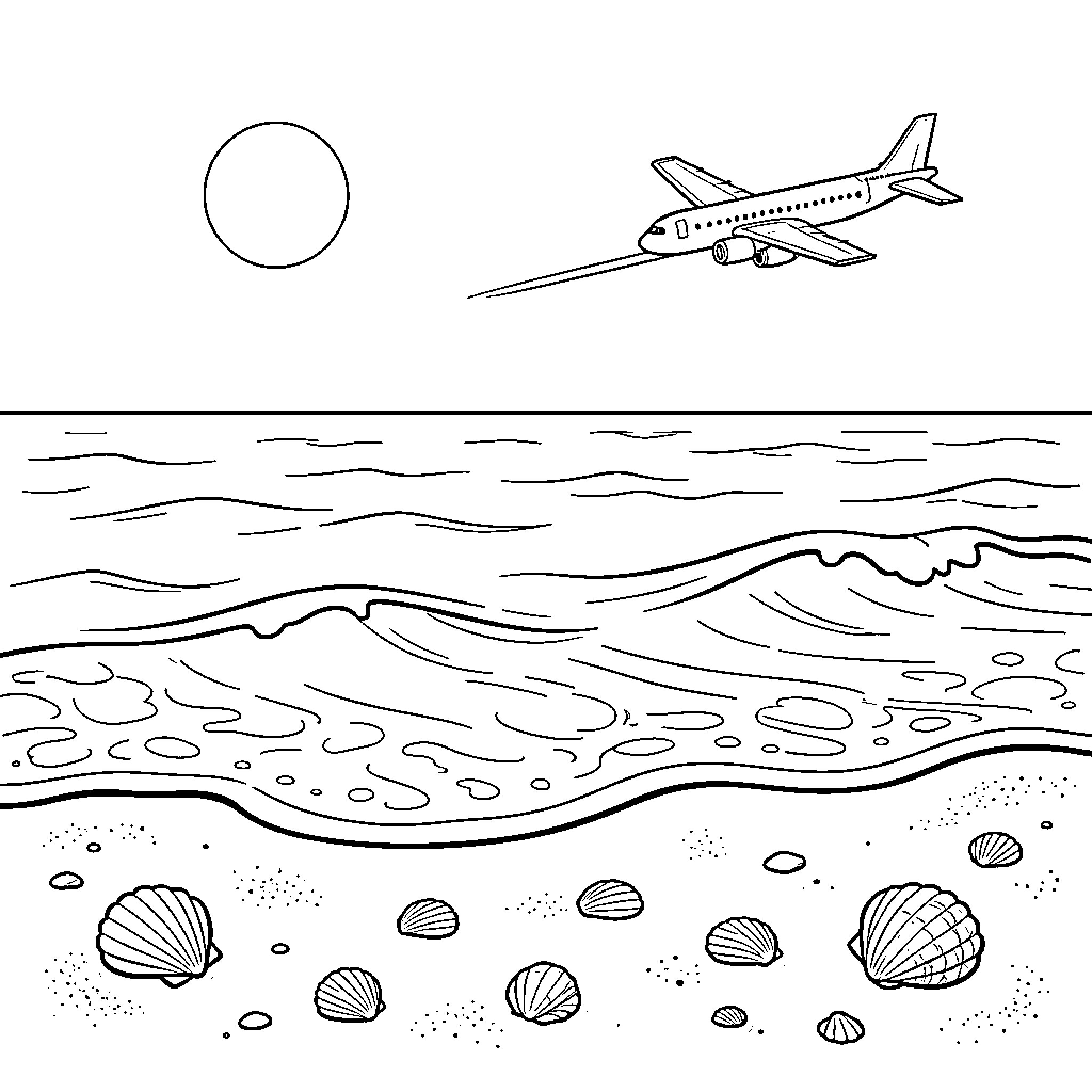 Sea waves washing onto a beach with shells Coloring Page (free black-and-white line drawing printable PDF for all, from beginners to advanced learners, including children, teens, adults, and seniors)