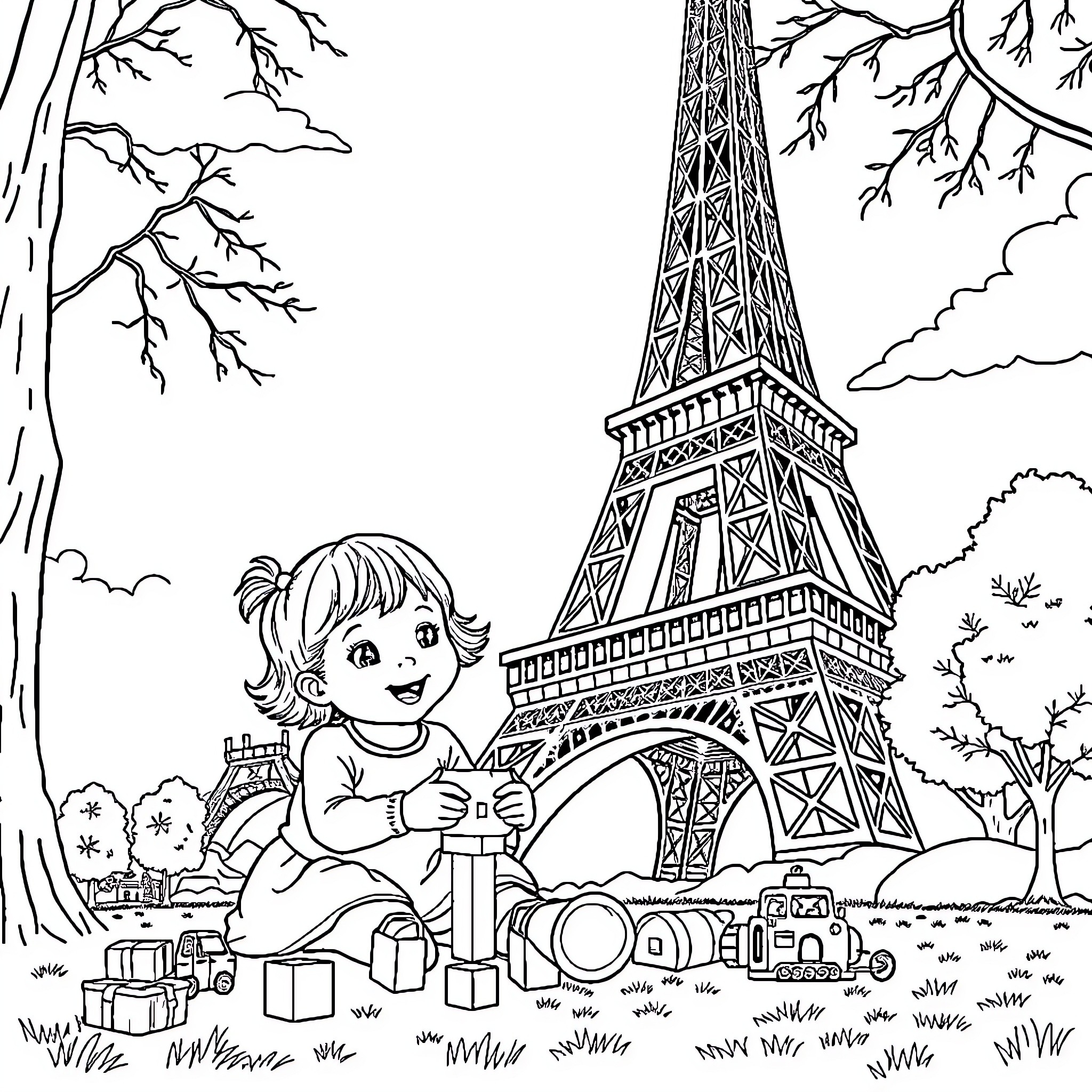 Toddler enjoying picnic by the Eiffel Tower Coloring Page (free black-and-white line drawing printable PDF for all, from beginners to advanced learners, including children, teens, adults, and seniors)