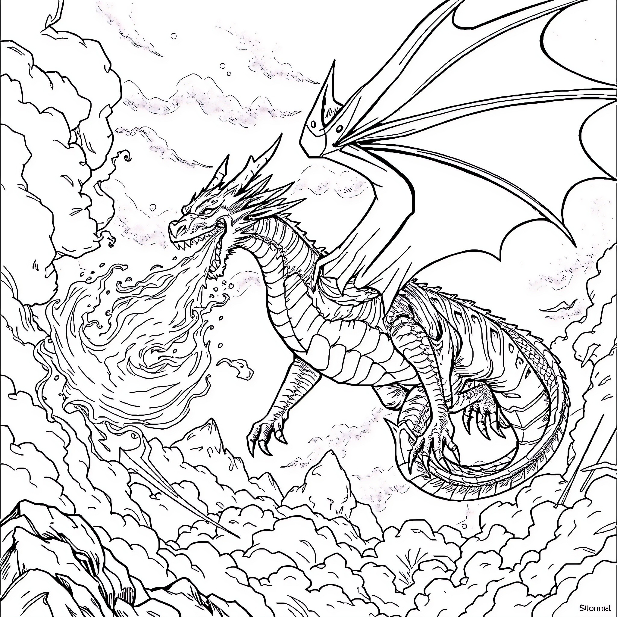 Dragon soaring through the skies amidst clouds Coloring Page (free black-and-white line drawing printable PDF for all, from beginners to advanced learners, including children, teens, adults, and seniors)