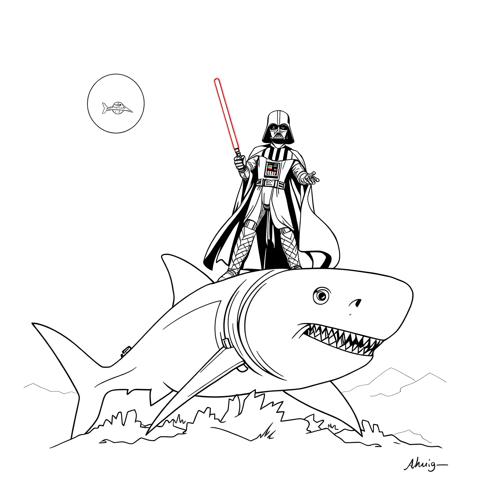 Darth Vader commanding a giant shark Coloring Page (free black-and-white line drawing printable PDF for all, from beginners to advanced learners, including children, teens, adults, and seniors)