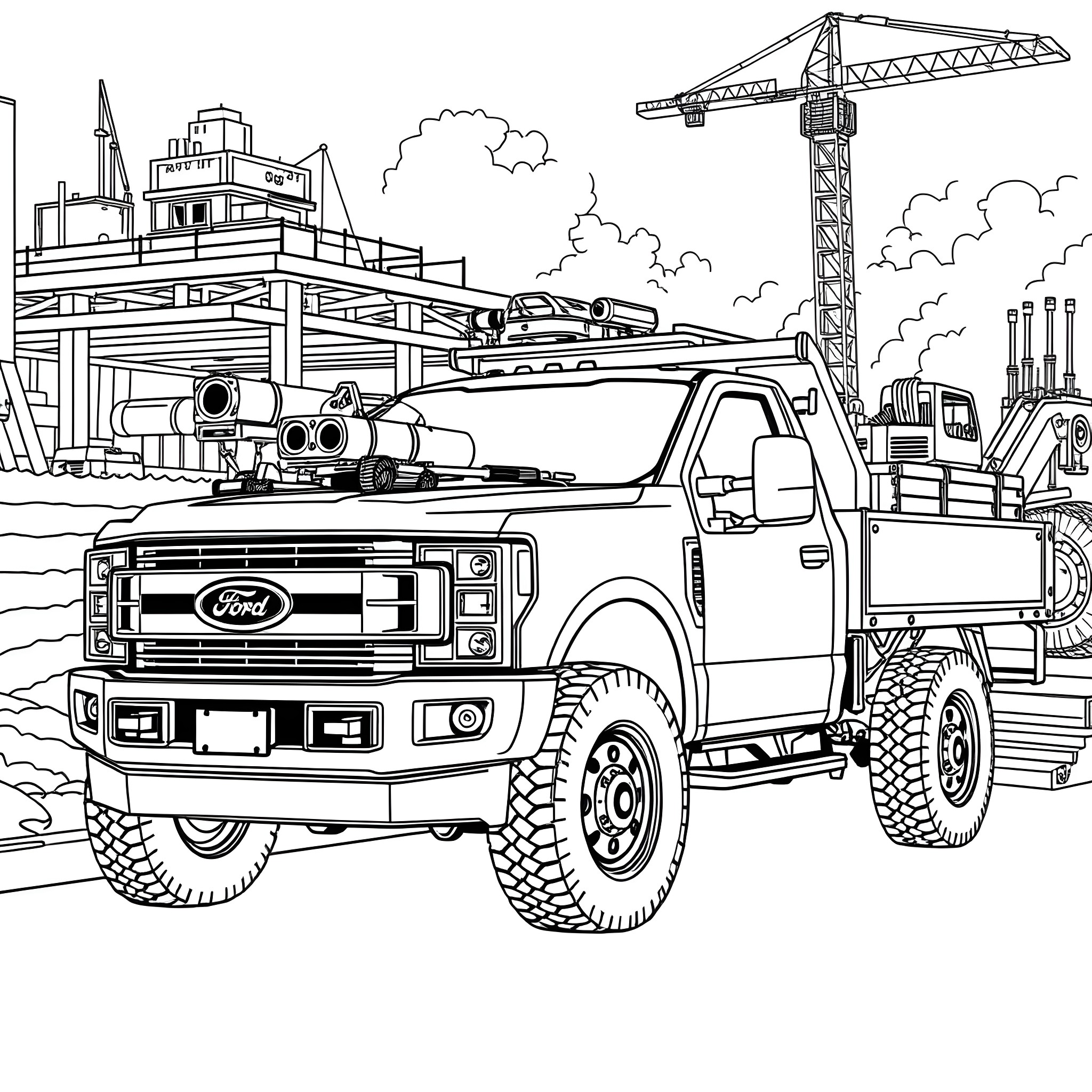 Ford Pickup Truck in Industrial Construction Site Coloring Page (free black-and-white line drawing printable PDF for all, from beginners to advanced learners, including children, teens, adults, and seniors)