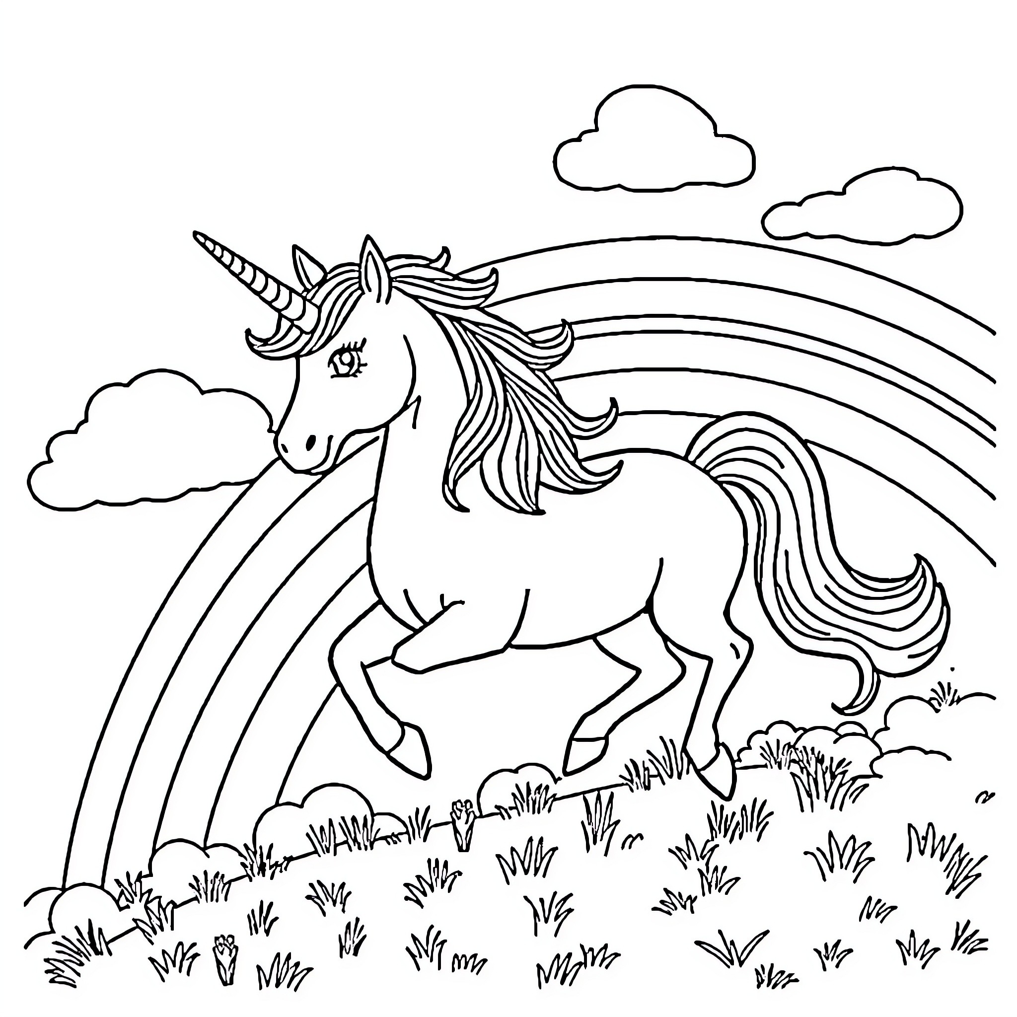 Unicorn trotting under a rainbow in a grassy field Coloring Page (free black-and-white line drawing printable PDF for all, from beginners to advanced learners, including children, teens, adults, and seniors)