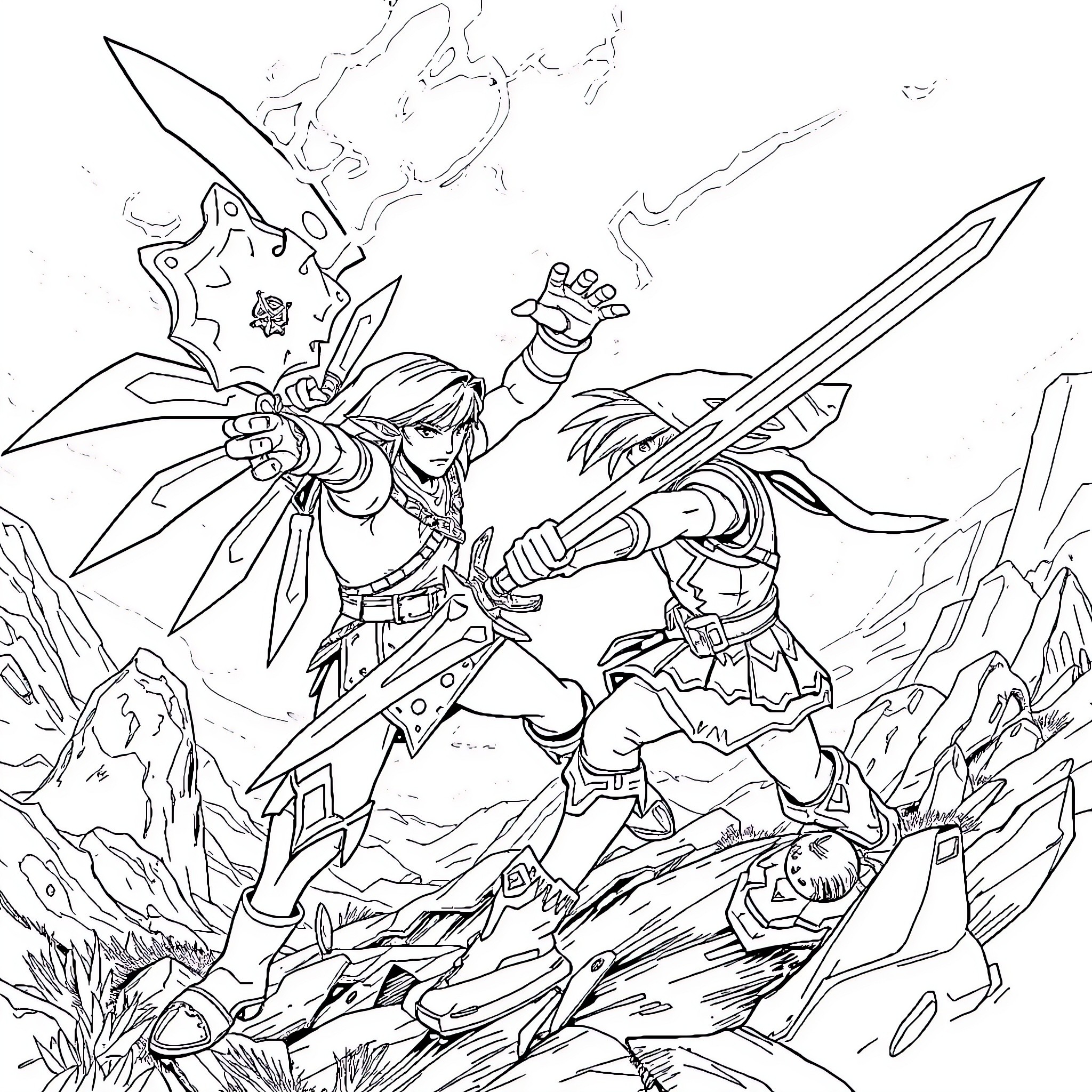 Link battles foes with weapons in epic fantasy scene Coloring Page (free black-and-white line drawing printable PDF for all, from beginners to advanced learners, including children, teens, adults, and seniors)