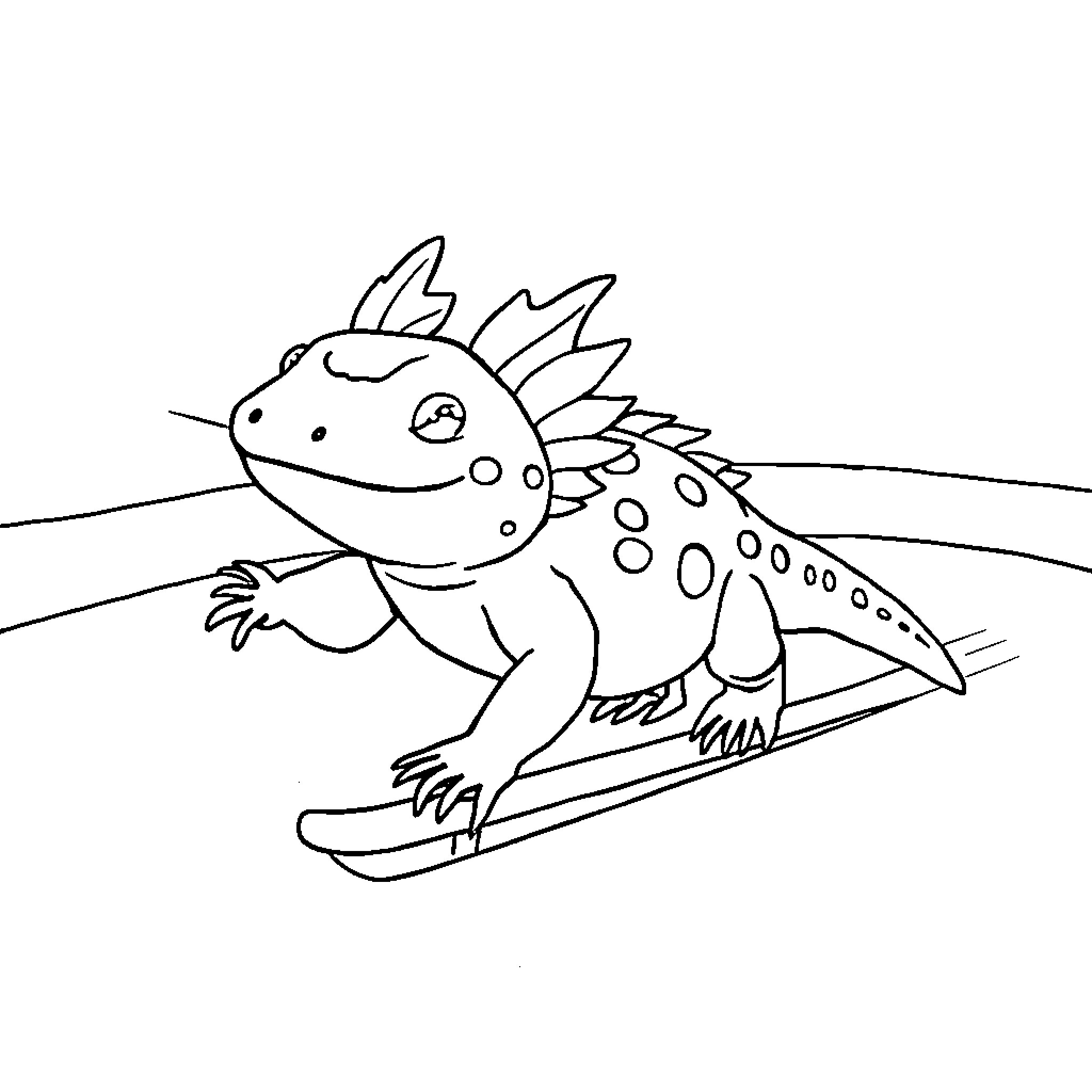 Axolotl enjoying a fun day on skis Coloring Page (free black-and-white line drawing printable PDF for all, from beginners to advanced learners, including children, teens, adults, and seniors)